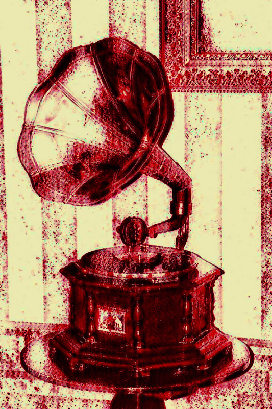 THE GRAMOPHONE - An Original Vivid Red Ivory Phonograph 1940s Record Player Turntable Music Impressionistic Wall Artwork Print by ElaniArt