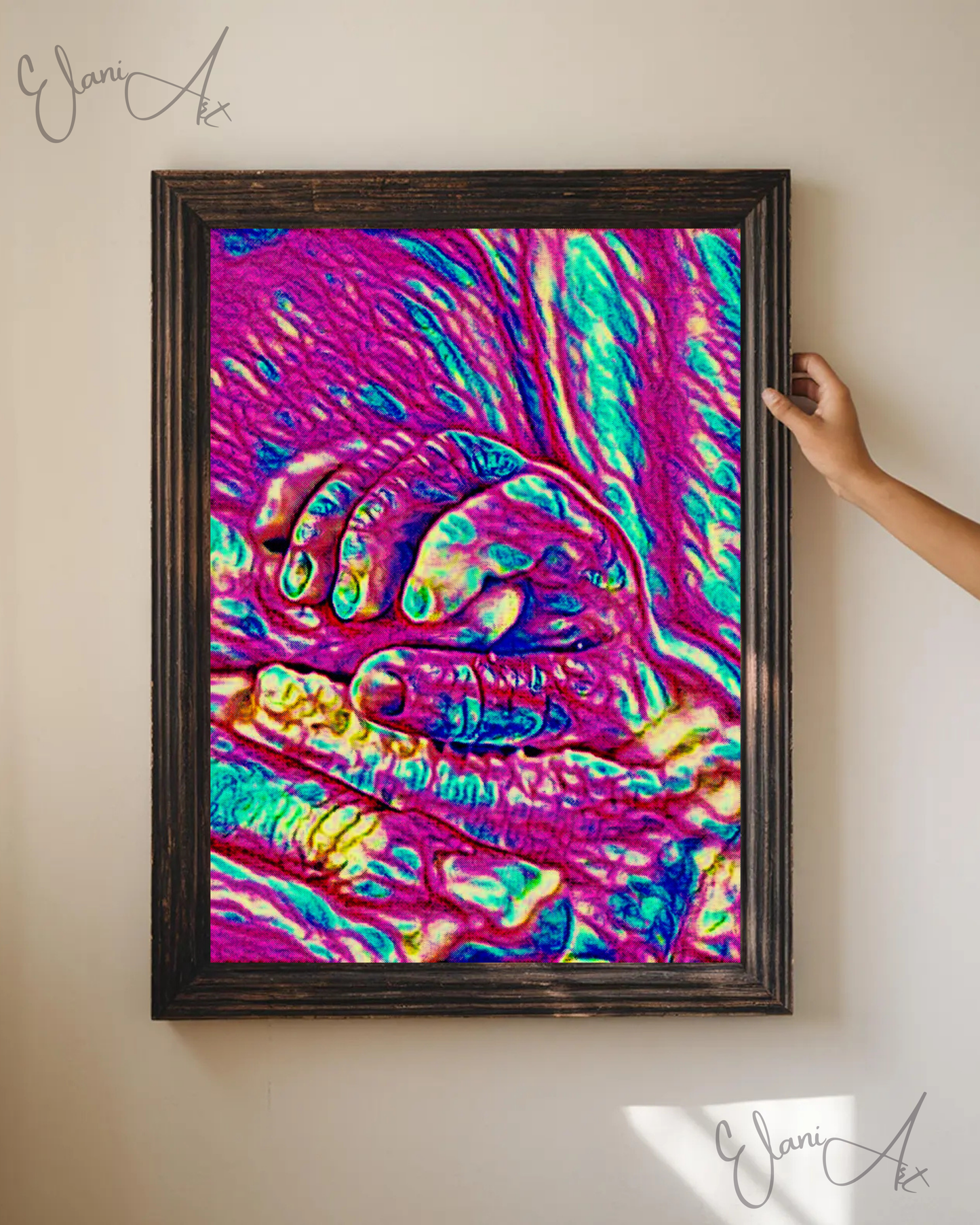 THE HAND - An Original Vibrant Pink Blue Colorful Baby's Hand Wrapped Around Mother's Finger Impressionistic Wall Artwork Print by ElaniArt