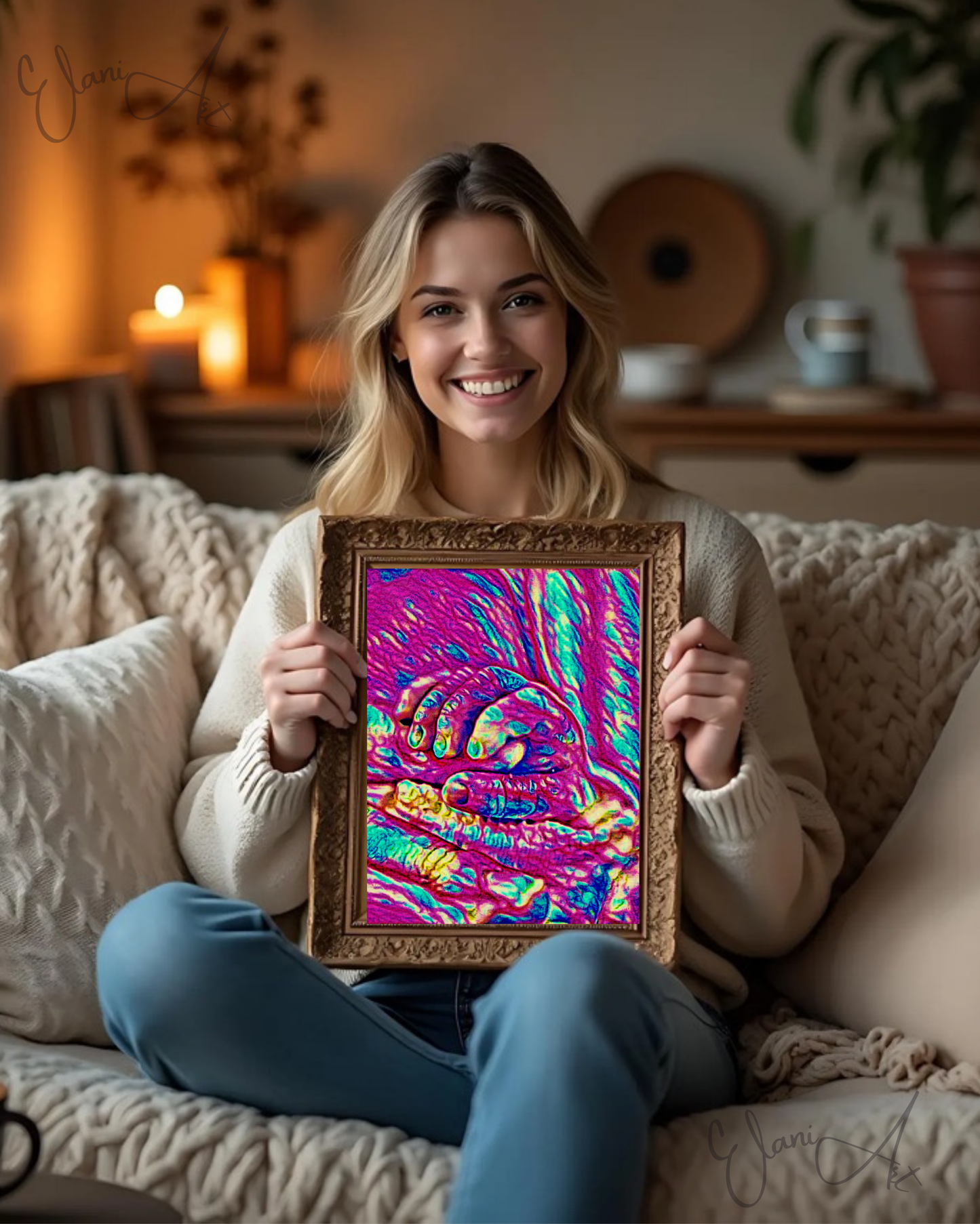 THE HAND - An Original Vibrant Pink Blue Colorful Baby's Hand Wrapped Around Mother's Finger Impressionistic Wall Artwork Print by ElaniArt