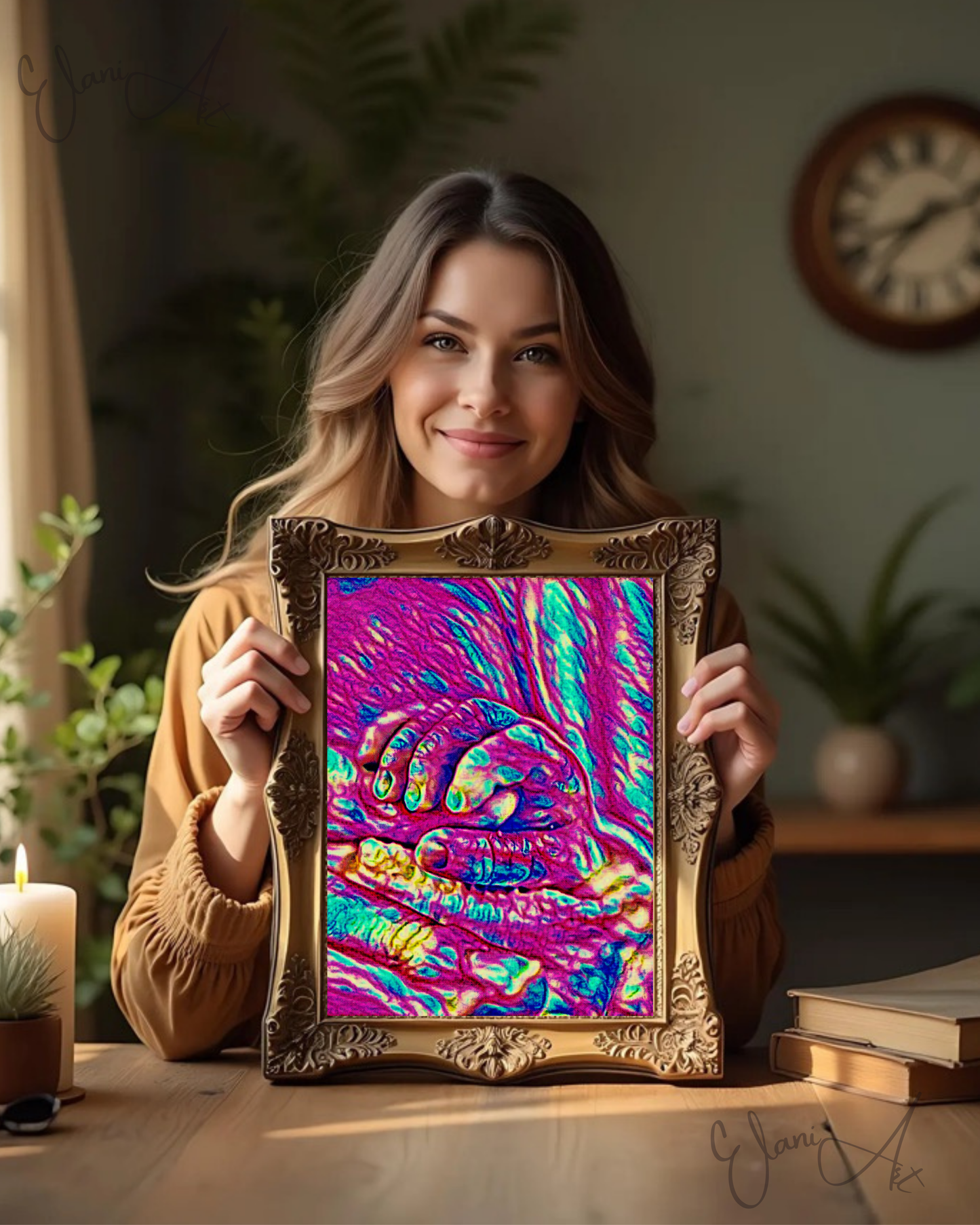 THE HAND - An Original Vibrant Pink Blue Colorful Baby's Hand Wrapped Around Mother's Finger Impressionistic Wall Artwork Print by ElaniArt