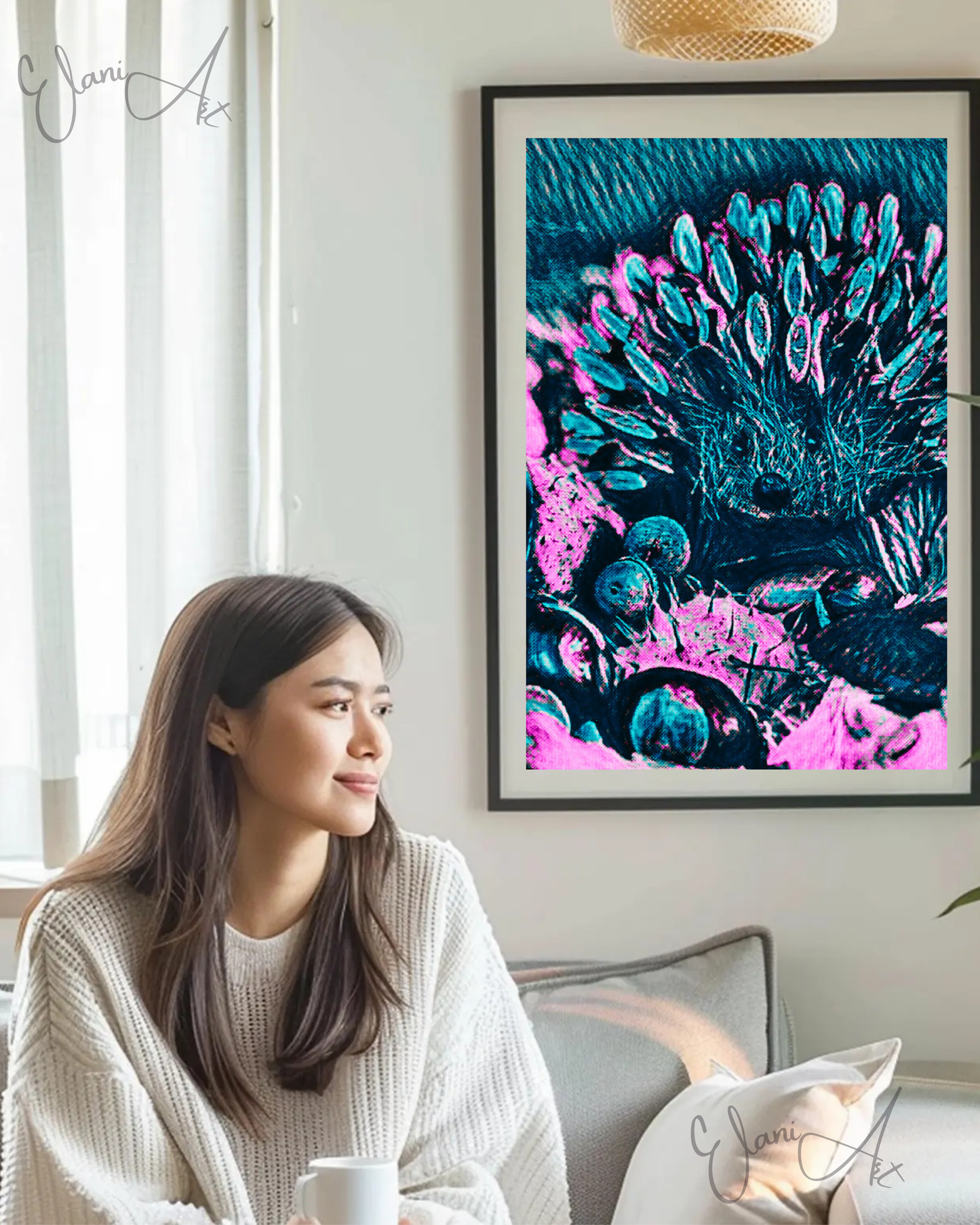 THE HEDGEHOG - An Original Vibrant Pink Blue Colorful Hedgehog Spiny Mammal Wildlife Portraiture Impressionistic Artwork Print by ElaniArt