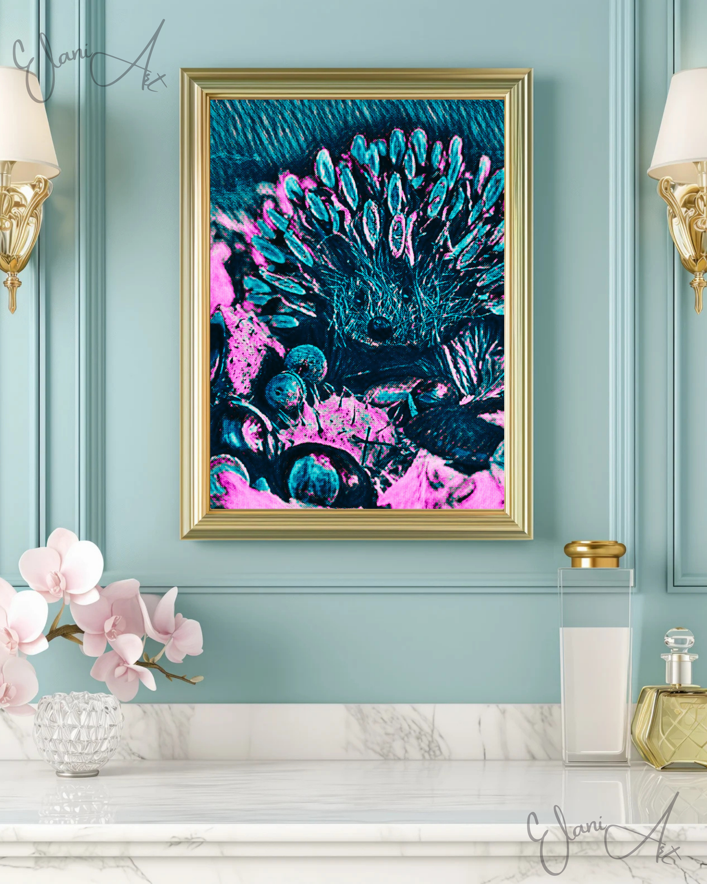 THE HEDGEHOG - An Original Vibrant Pink Blue Colorful Hedgehog Spiny Mammal Wildlife Portraiture Impressionistic Artwork Print by ElaniArt