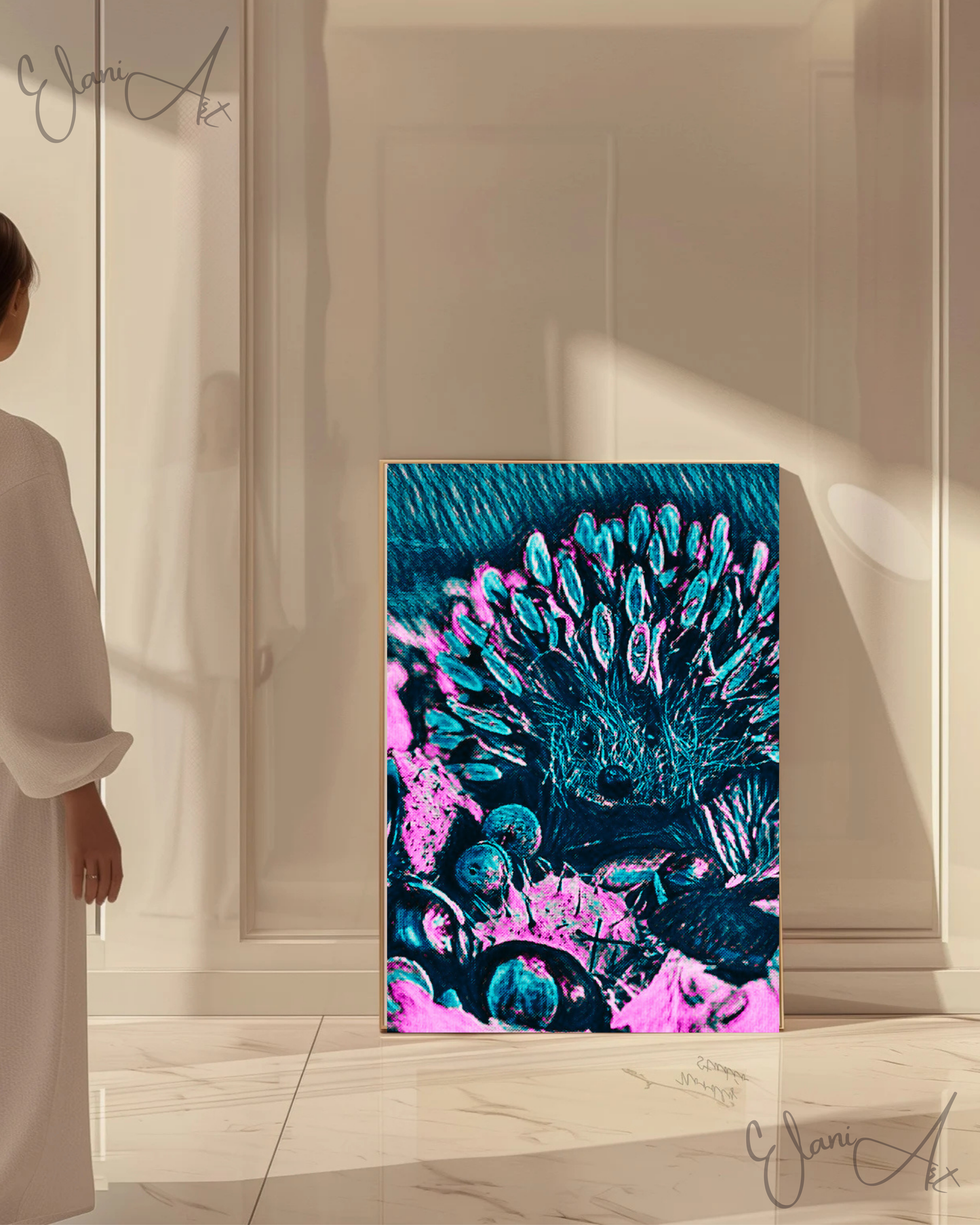 THE HEDGEHOG - An Original Vibrant Pink Blue Colorful Hedgehog Spiny Mammal Wildlife Portraiture Impressionistic Artwork Print by ElaniArt