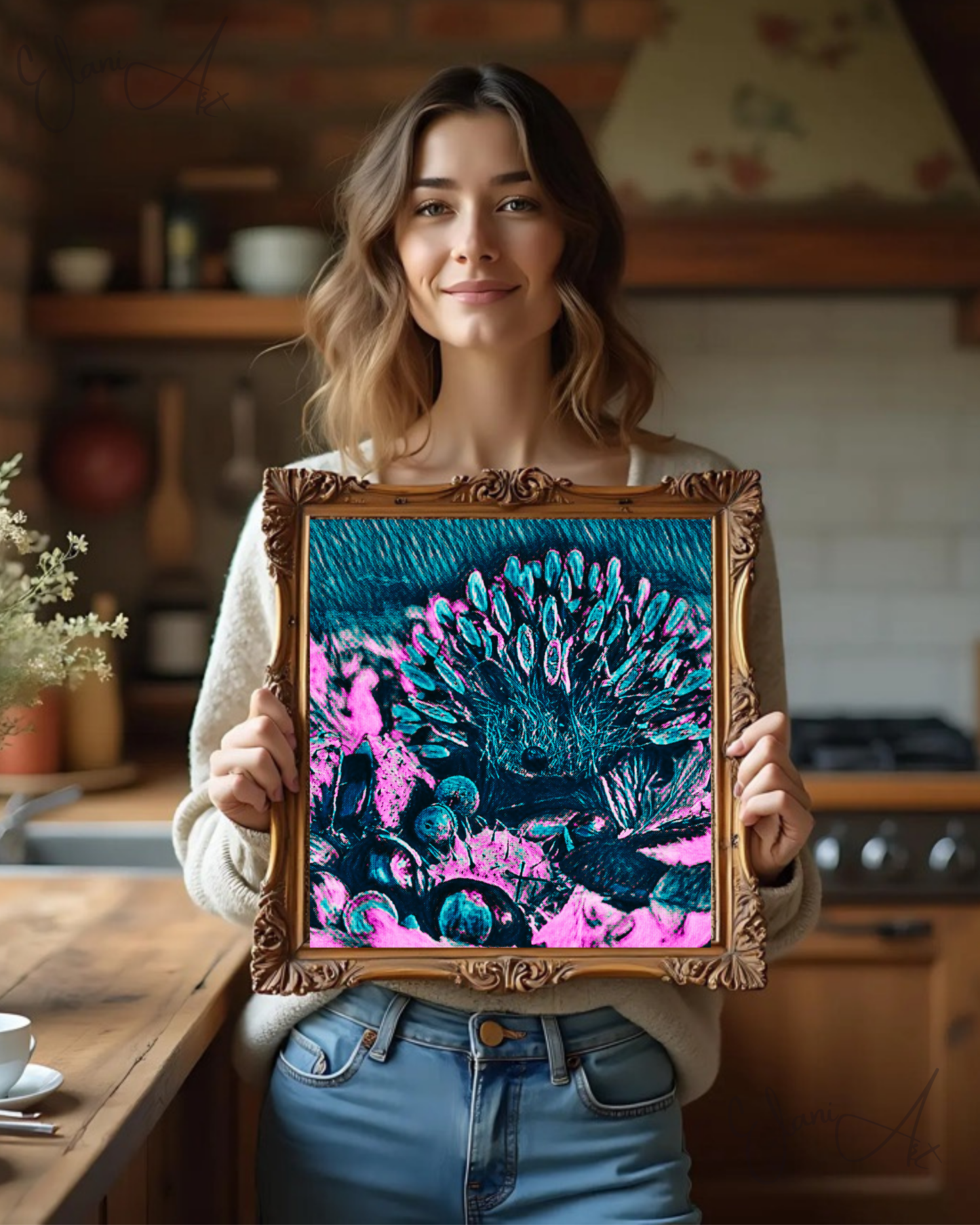 THE HEDGEHOG - An Original Vibrant Pink Blue Colorful Hedgehog Spiny Mammal Wildlife Portraiture Impressionistic Artwork Print by ElaniArt