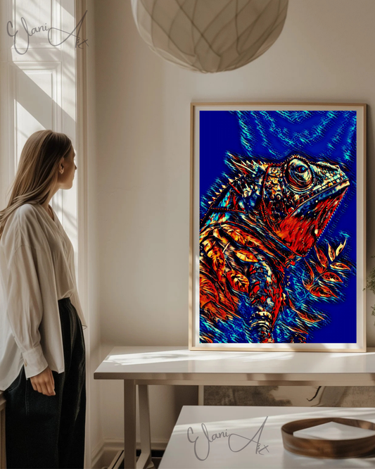 THE IGUANA - An Original Vibrant Blue Colorful Iguana Lizard Pet Animal Portraiture Reptile Impressionistic Wall Artwork Print by ElaniArt