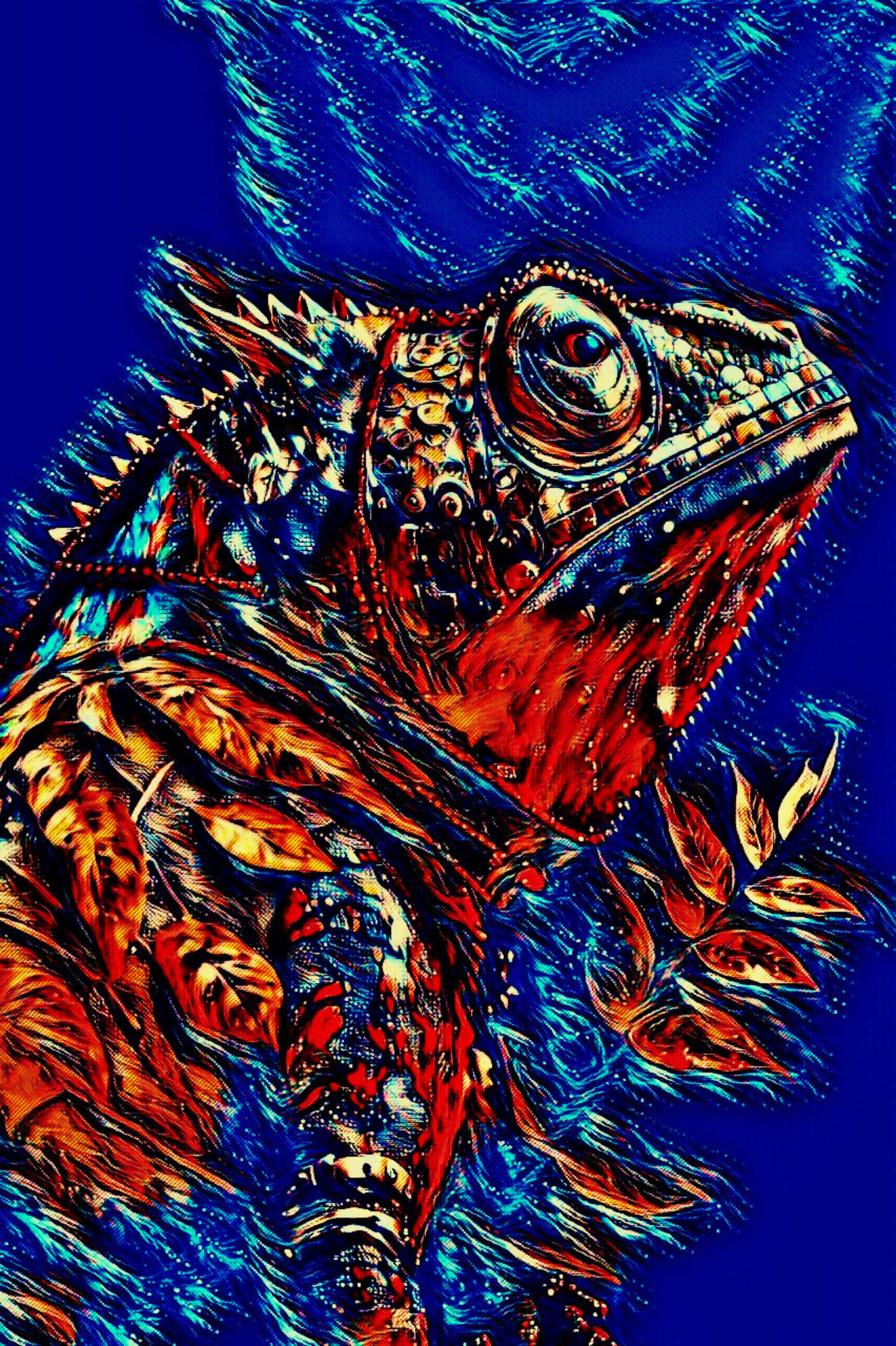 THE IGUANA - An Original Vibrant Blue Colorful Iguana Lizard Pet Animal Portraiture Reptile Impressionistic Wall Artwork Print by ElaniArt