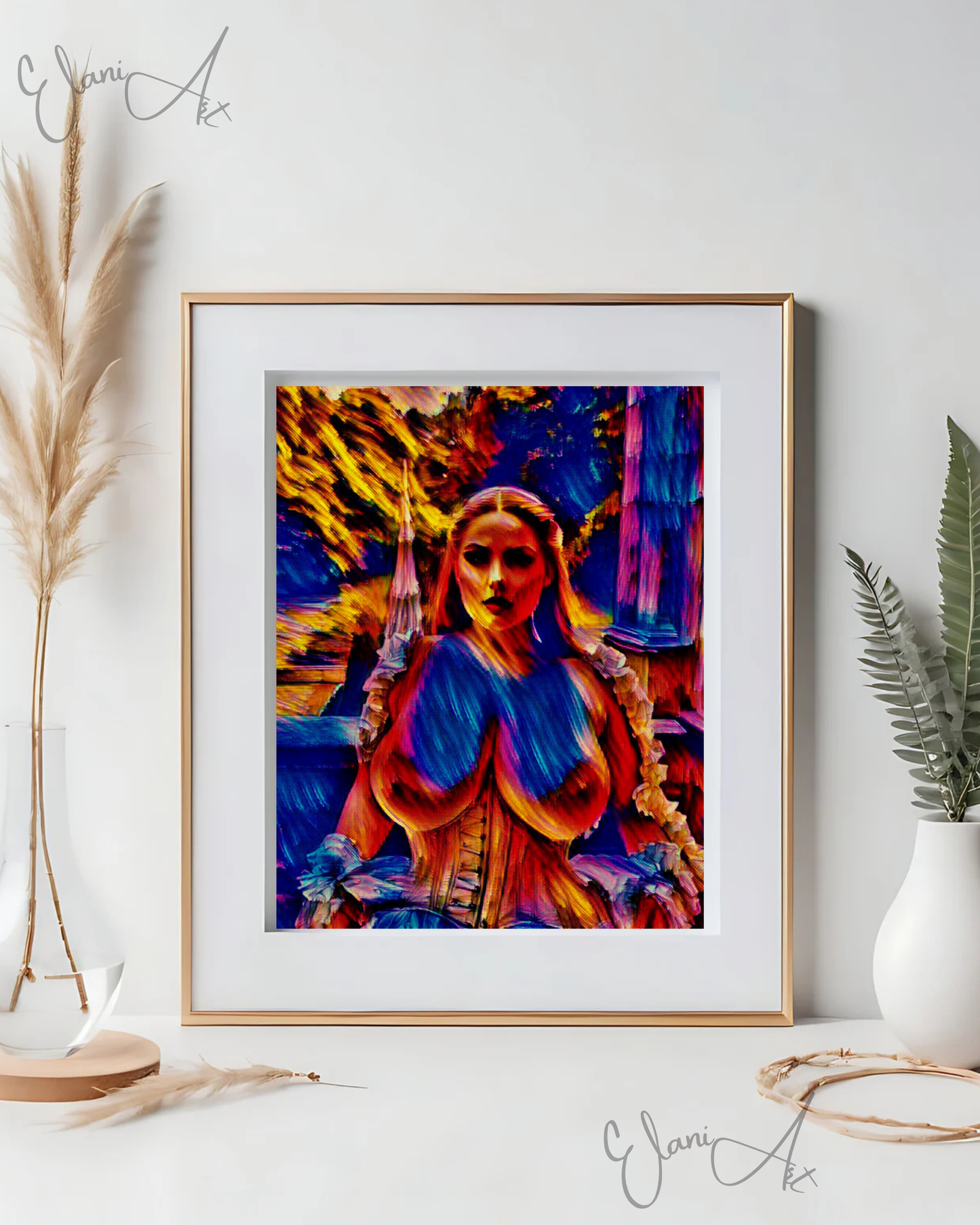 THE INFATUATING - An Original Vibrant Red Blue Colorful Erotic Victorian Woman Impressionistic Wall Artwork Print - Erotic Art by ElaniArt