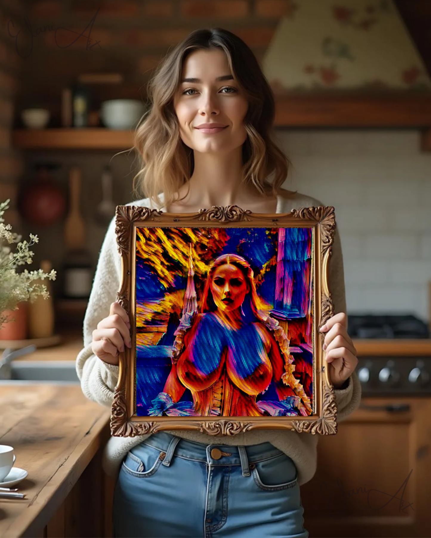 THE INFATUATING - An Original Vibrant Red Blue Colorful Erotic Victorian Woman Impressionistic Wall Artwork Print - Erotic Art by ElaniArt