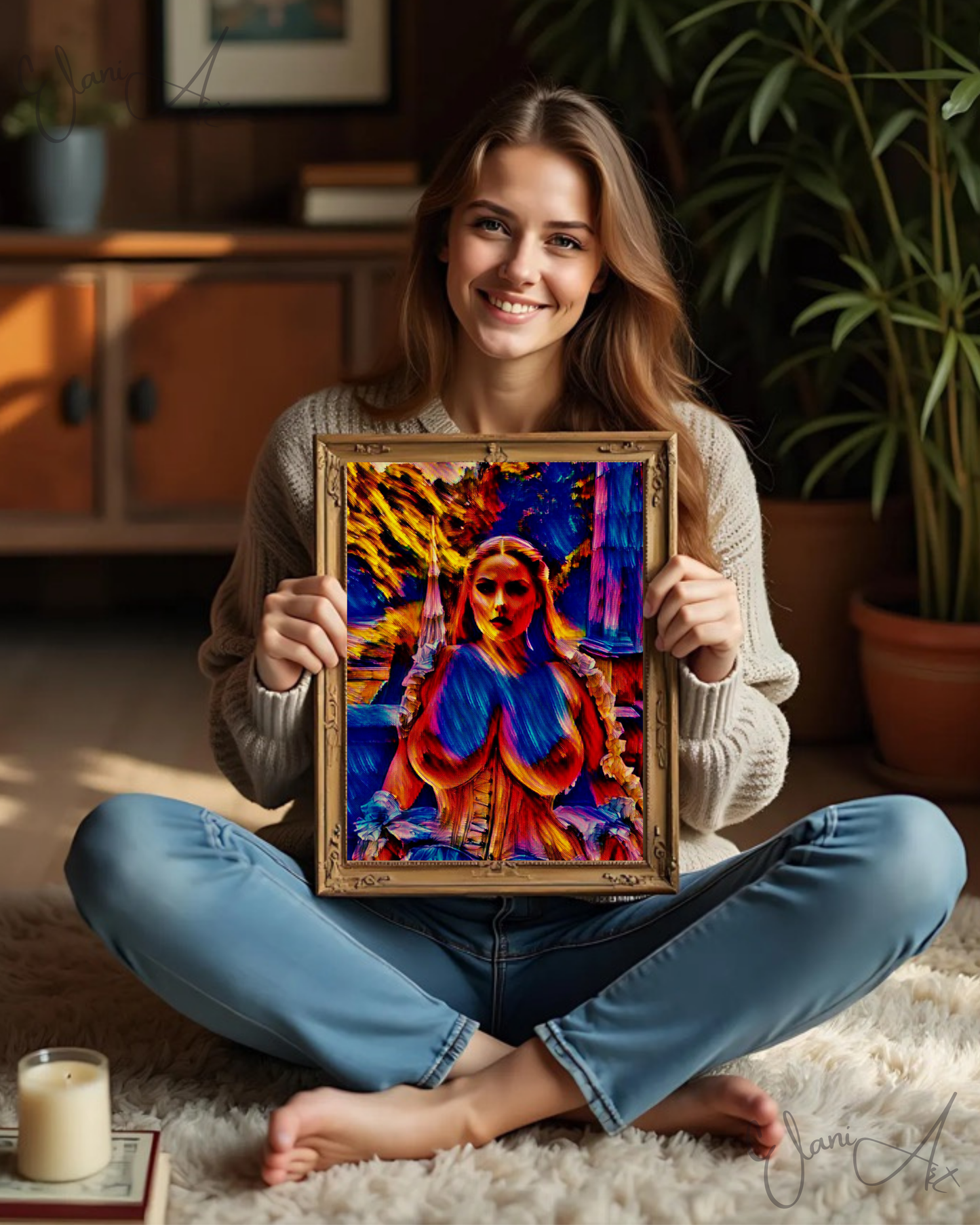 THE INFATUATING - An Original Vibrant Red Blue Colorful Erotic Victorian Woman Impressionistic Wall Artwork Print - Erotic Art by ElaniArt