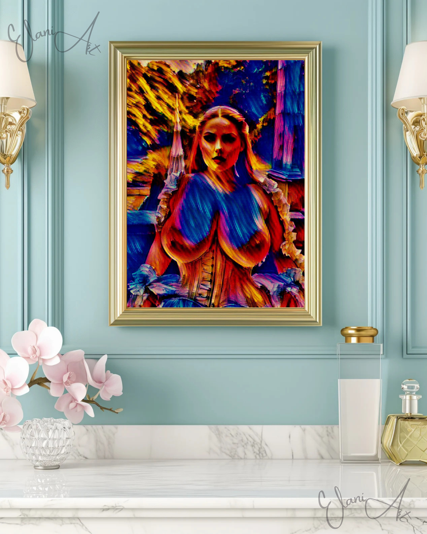 THE INFATUATING - An Original Vibrant Red Blue Colorful Erotic Victorian Woman Impressionistic Wall Artwork Print - Erotic Art by ElaniArt