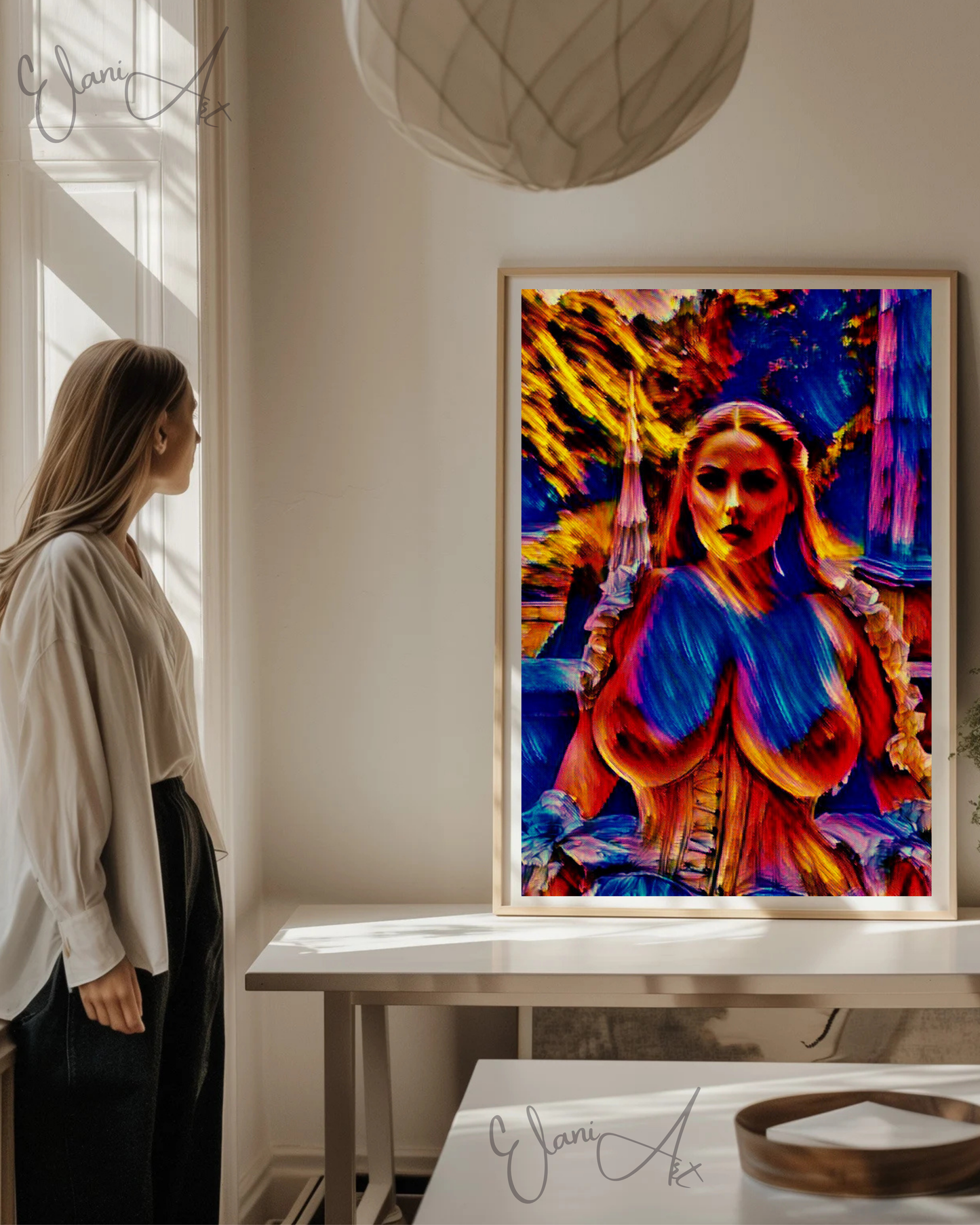 THE INFATUATING - An Original Vibrant Red Blue Colorful Erotic Victorian Woman Impressionistic Wall Artwork Print - Erotic Art by ElaniArt
