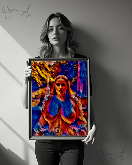 THE INFATUATING - An Original Vibrant Red Blue Colorful Erotic Victorian Woman Impressionistic Wall Artwork Print - Erotic Art by ElaniArt