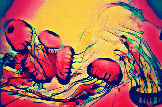 THE JELLIES - An Original Vibrant Colorful Jellyfish Sea Jellies Marine Animals Tentacles Impressionistic Bloom Artwork Print by ElaniArt