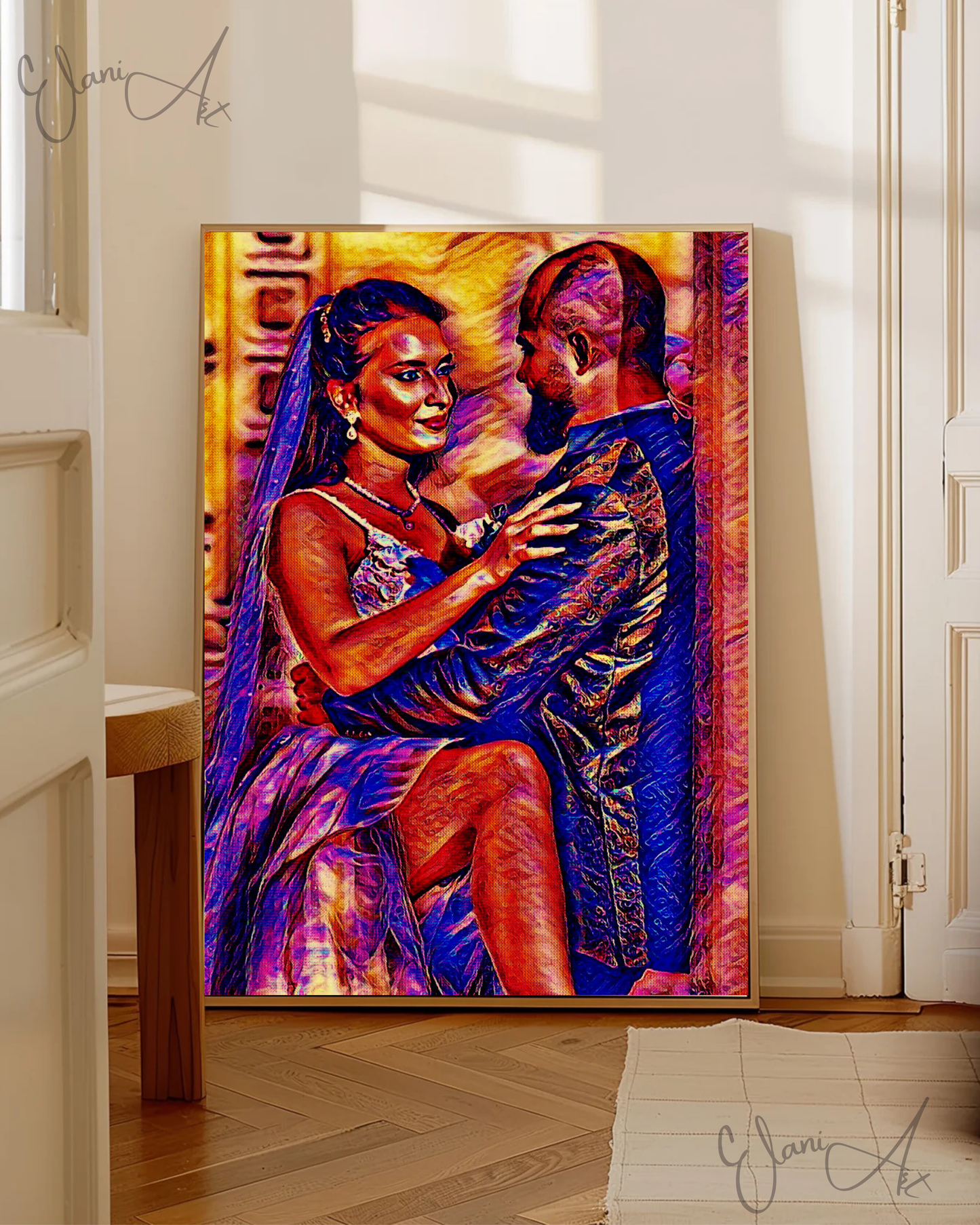 THE LIFE - An Original Vibrant Red Colorful Newly Married Couple Man Woman Bride in Wedding Dress Veil Leg Up Wall Artwork Print by ElaniArt