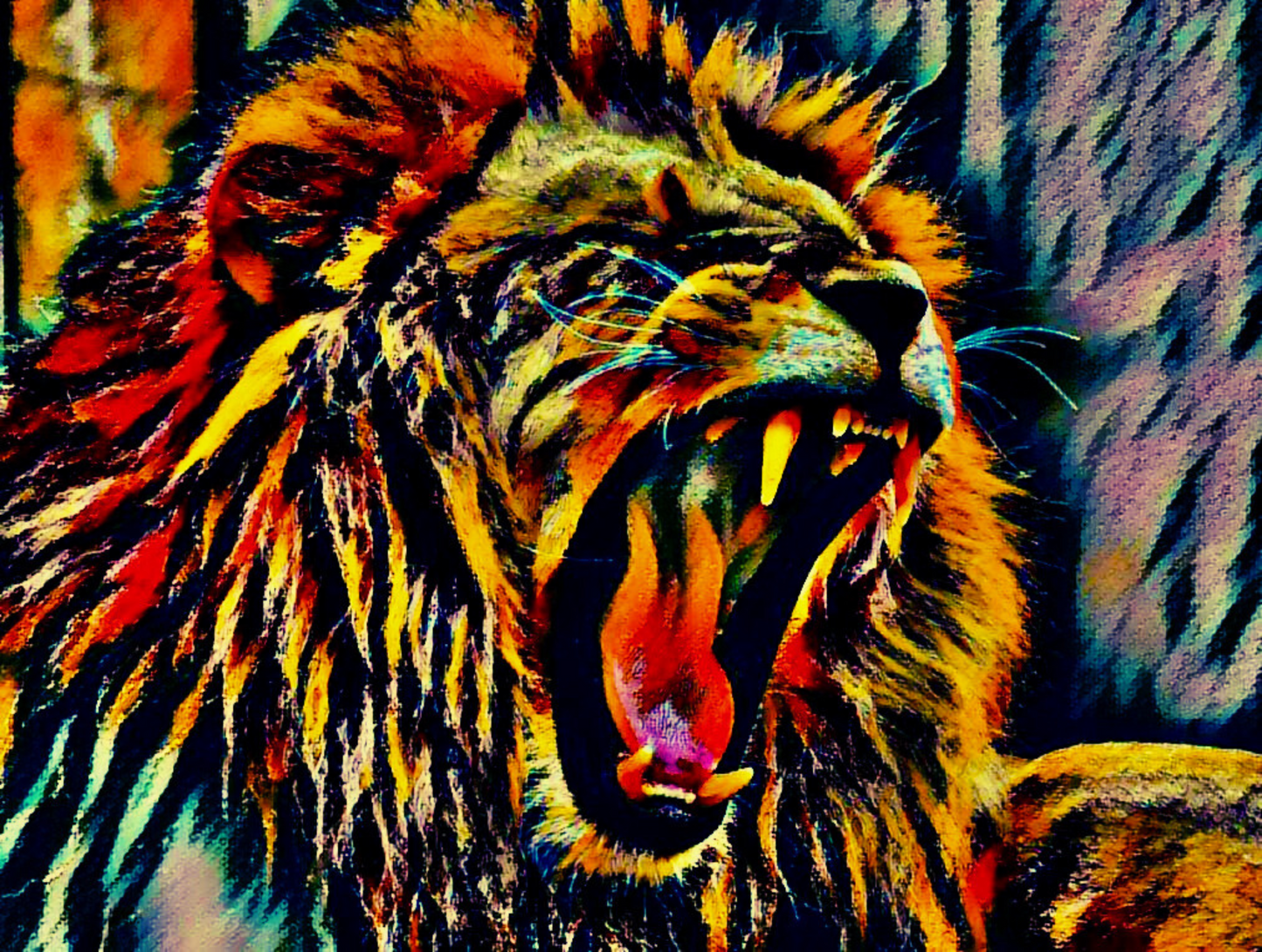THE LION'S DEN - An Original Vibrant Colorful Brown Lion Roaring Open-Mouth Teeth Wildlife Impressionistic Wall Artwork Print by ElaniArt
