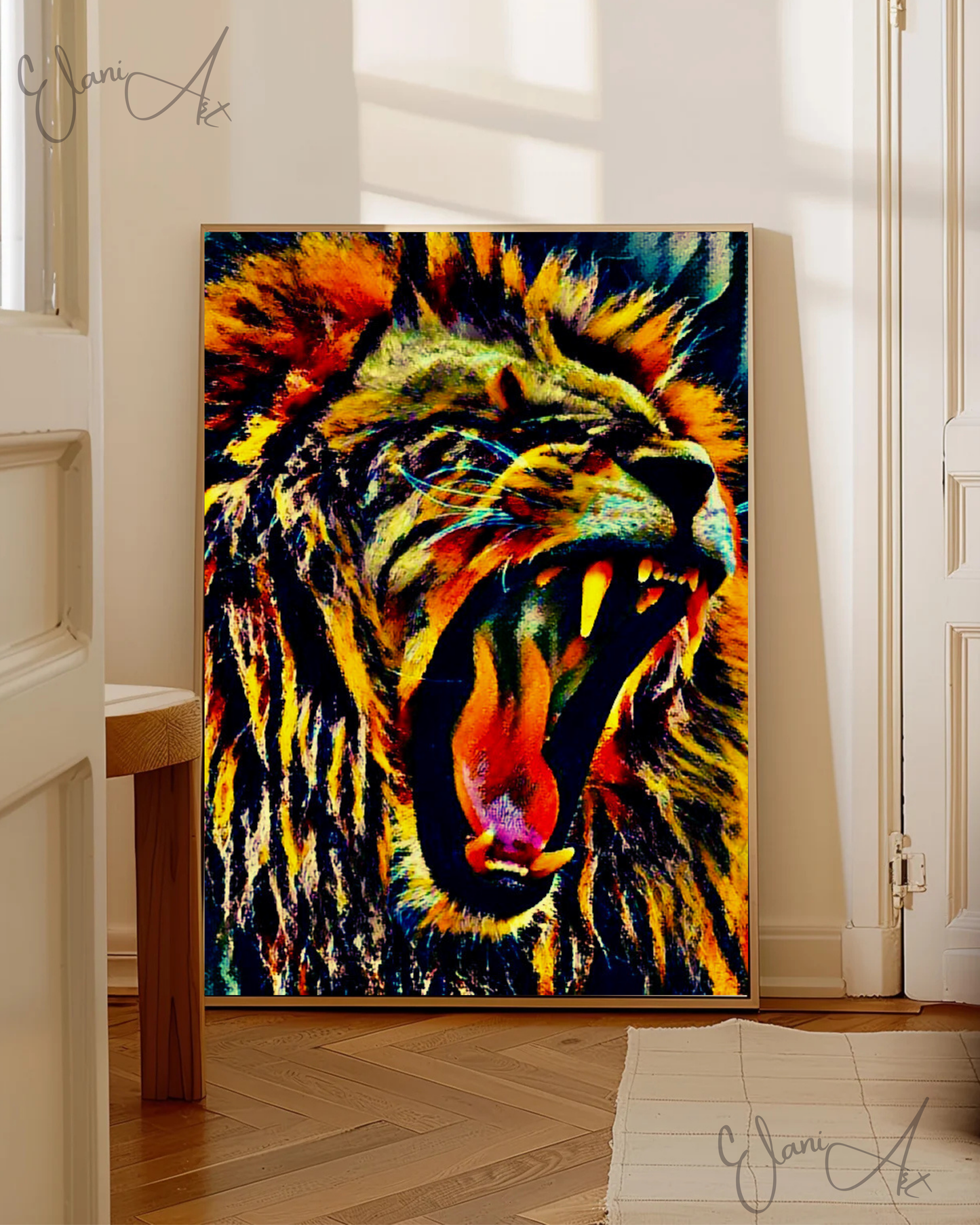 THE LION'S DEN - An Original Vibrant Colorful Brown Lion Roaring Open-Mouth Teeth Wildlife Impressionistic Wall Artwork Print by ElaniArt
