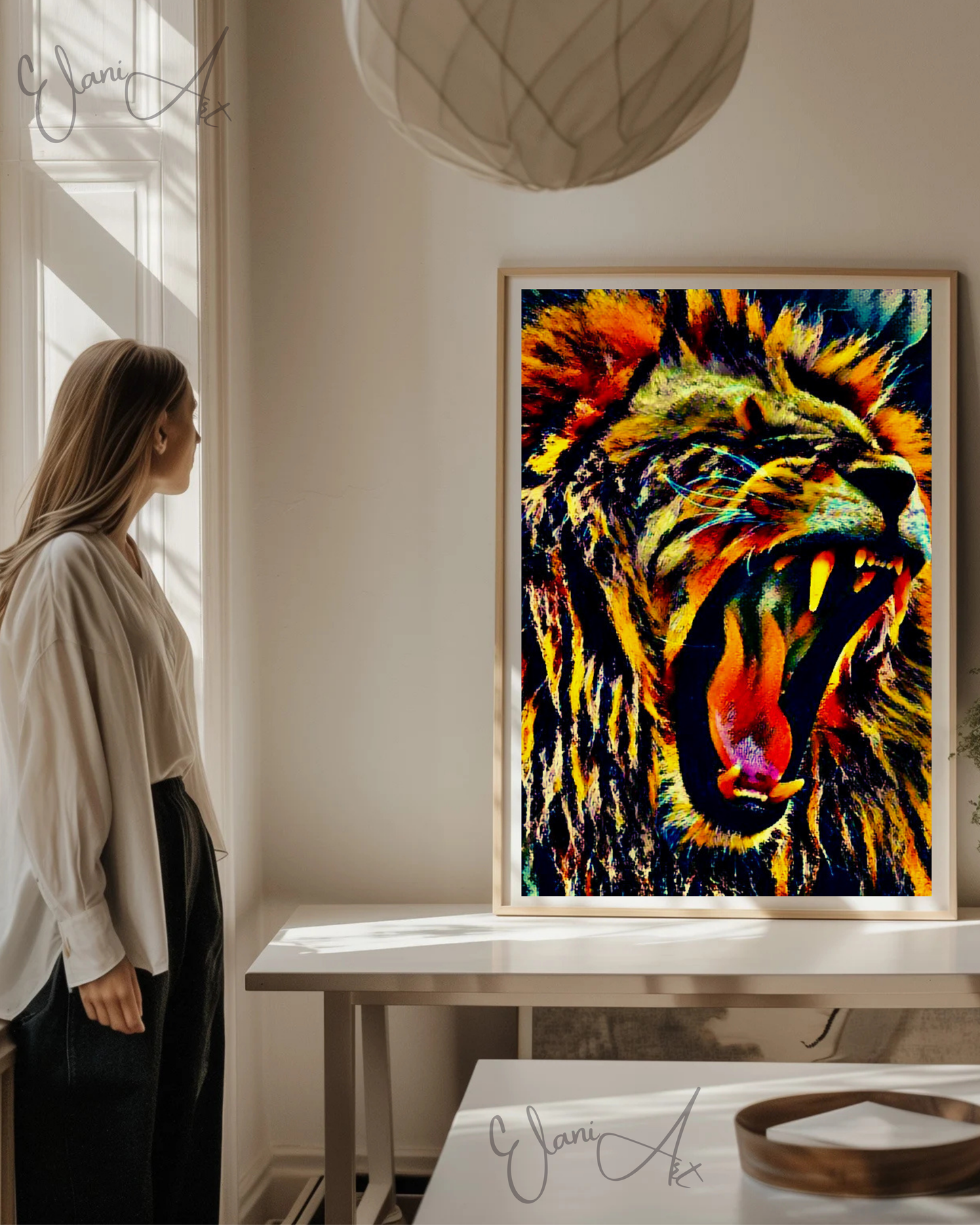 THE LION'S DEN - An Original Vibrant Colorful Brown Lion Roaring Open-Mouth Teeth Wildlife Impressionistic Wall Artwork Print by ElaniArt