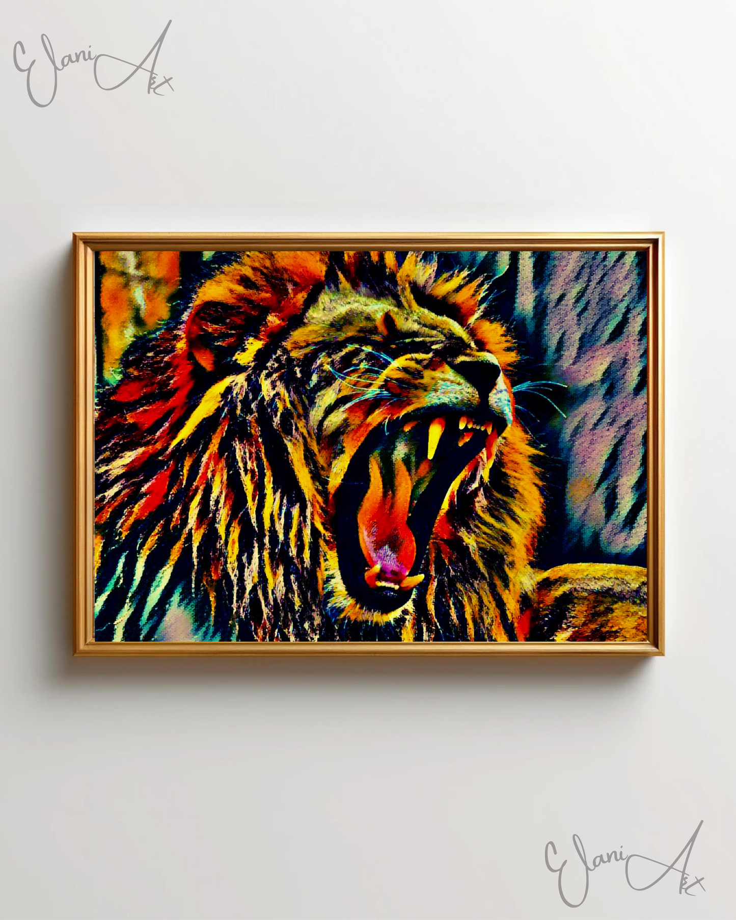 THE LION'S DEN - An Original Vibrant Colorful Brown Lion Roaring Open-Mouth Teeth Wildlife Impressionistic Wall Artwork Print by ElaniArt
