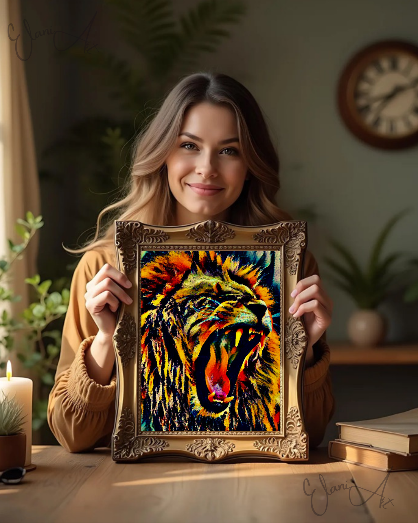 THE LION'S DEN - An Original Vibrant Colorful Brown Lion Roaring Open-Mouth Teeth Wildlife Impressionistic Wall Artwork Print by ElaniArt