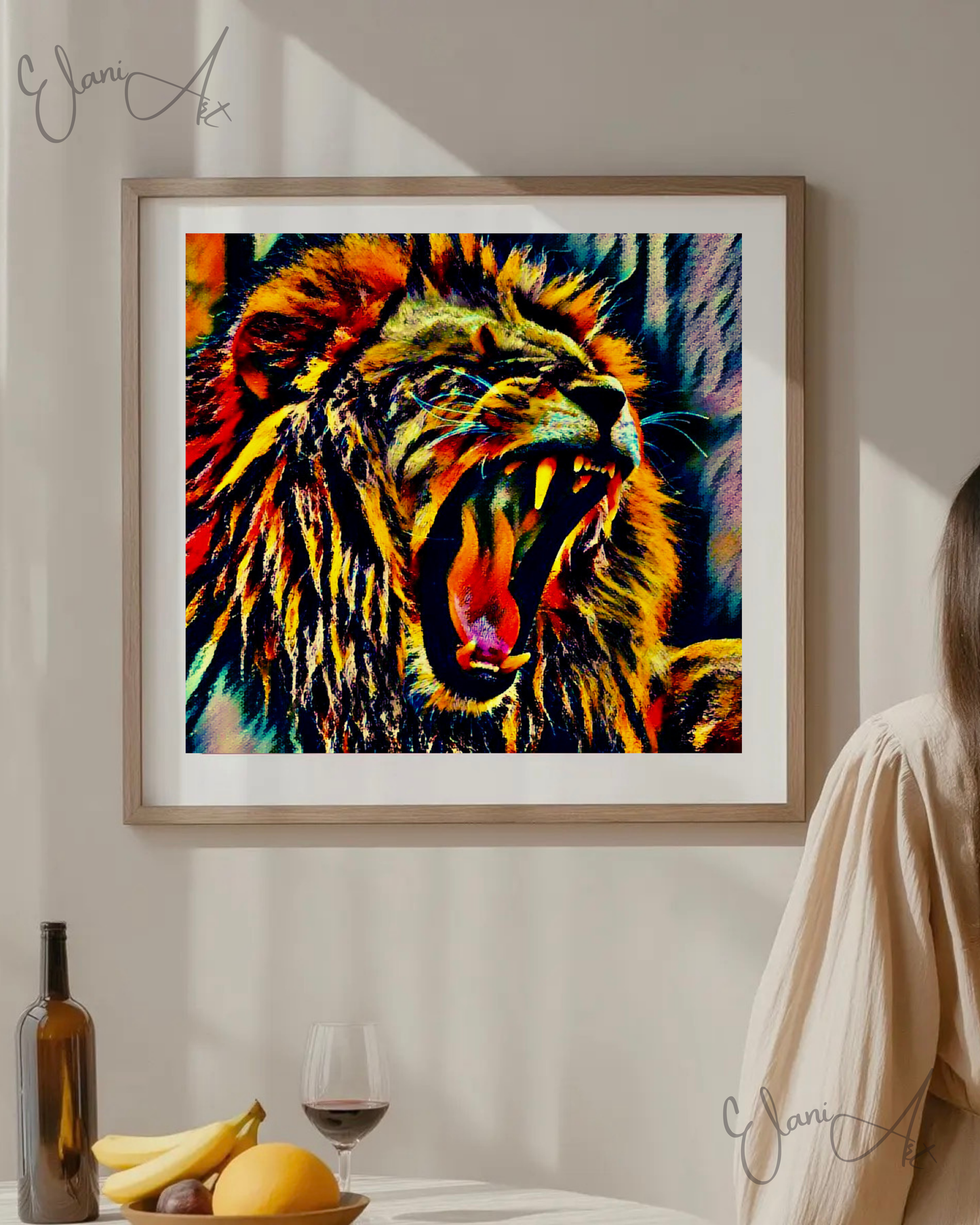 THE LION'S DEN - An Original Vibrant Colorful Brown Lion Roaring Open-Mouth Teeth Wildlife Impressionistic Wall Artwork Print by ElaniArt