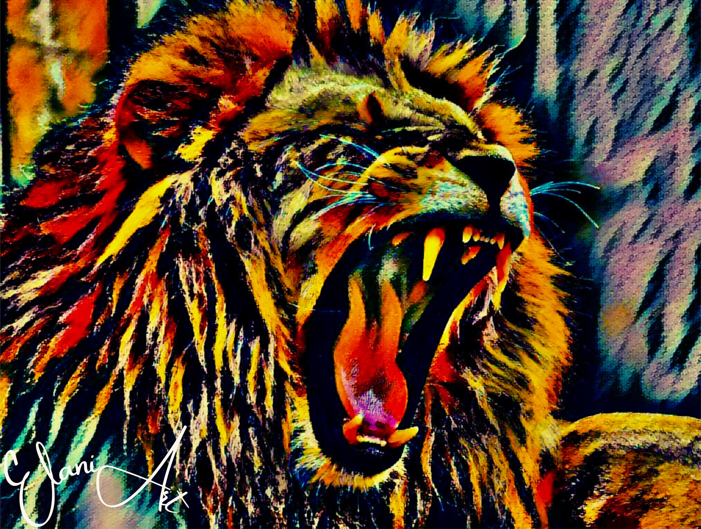 THE LION'S DEN - An Original Vibrant Colorful Brown Lion Roaring Open-Mouth Teeth Wildlife Impressionistic Wall Artwork Print by ElaniArt