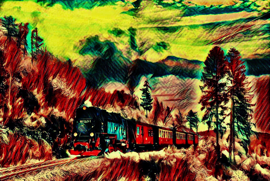 THE LOCOMOTIVE - An Original Vibrant Vintage Black Red Colorful Steam Train Forested Landscape Impressionistic Artwork Print by ElaniArt