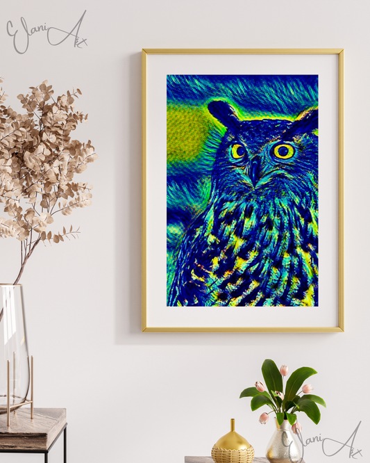 THE LONE OWL - An Original Vibrant Colorful Blue Yellow Owl Predator Bird Wildlife Animal Portrait Impressionistic Artwork Print by ElaniArt