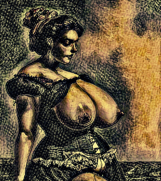 THE LUST - An Original Vibrant Brown Black Erotic Woman Bare Breasts in Corset Dress Impressionistic Artwork Print - Erotic Art by ElaniArt