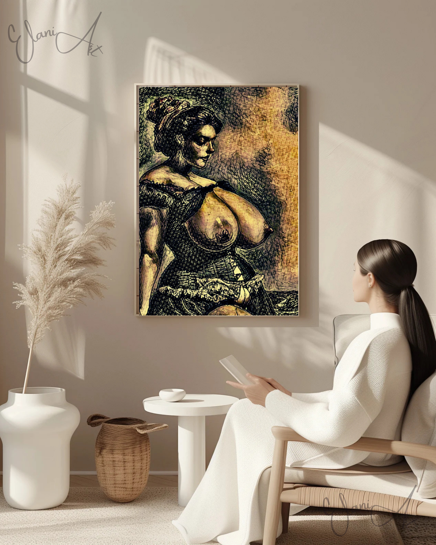 THE LUST - An Original Vibrant Brown Black Erotic Woman Bare Breasts in Corset Dress Impressionistic Artwork Print - Erotic Art by ElaniArt