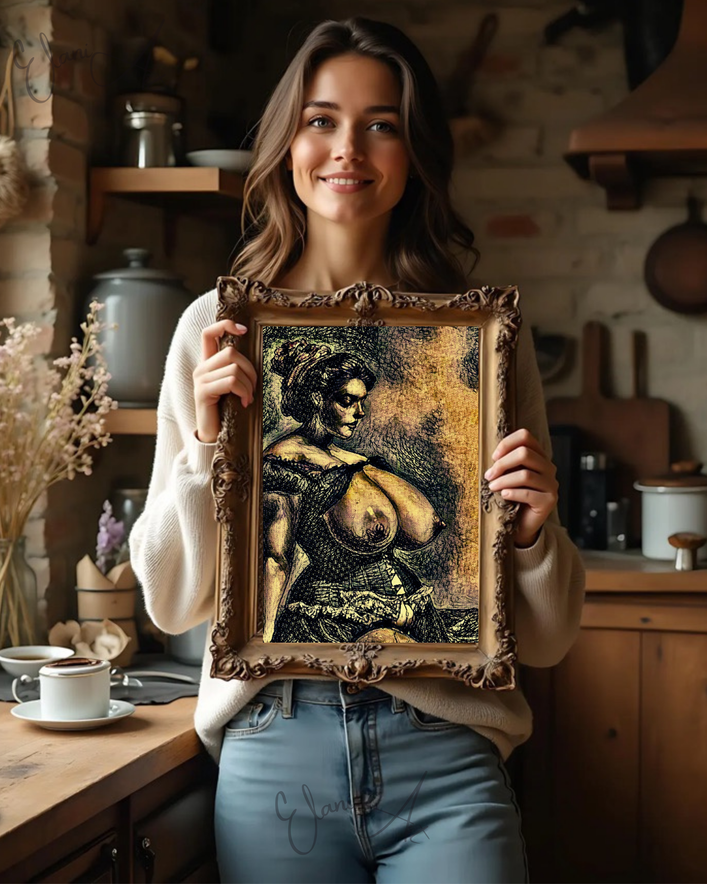 THE LUST - An Original Vibrant Brown Black Erotic Woman Bare Breasts in Corset Dress Impressionistic Artwork Print - Erotic Art by ElaniArt