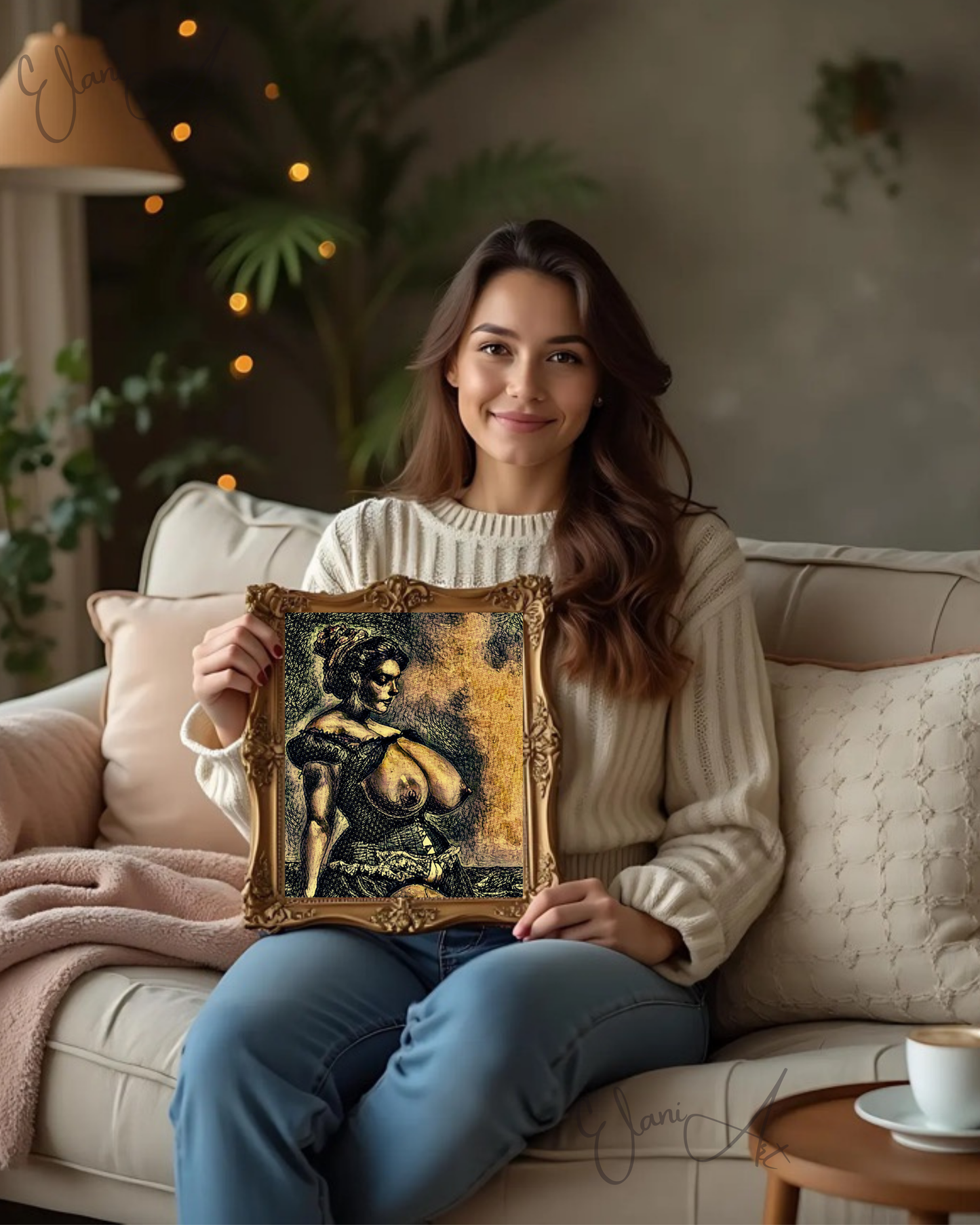 THE LUST - An Original Vibrant Brown Black Erotic Woman Bare Breasts in Corset Dress Impressionistic Artwork Print - Erotic Art by ElaniArt