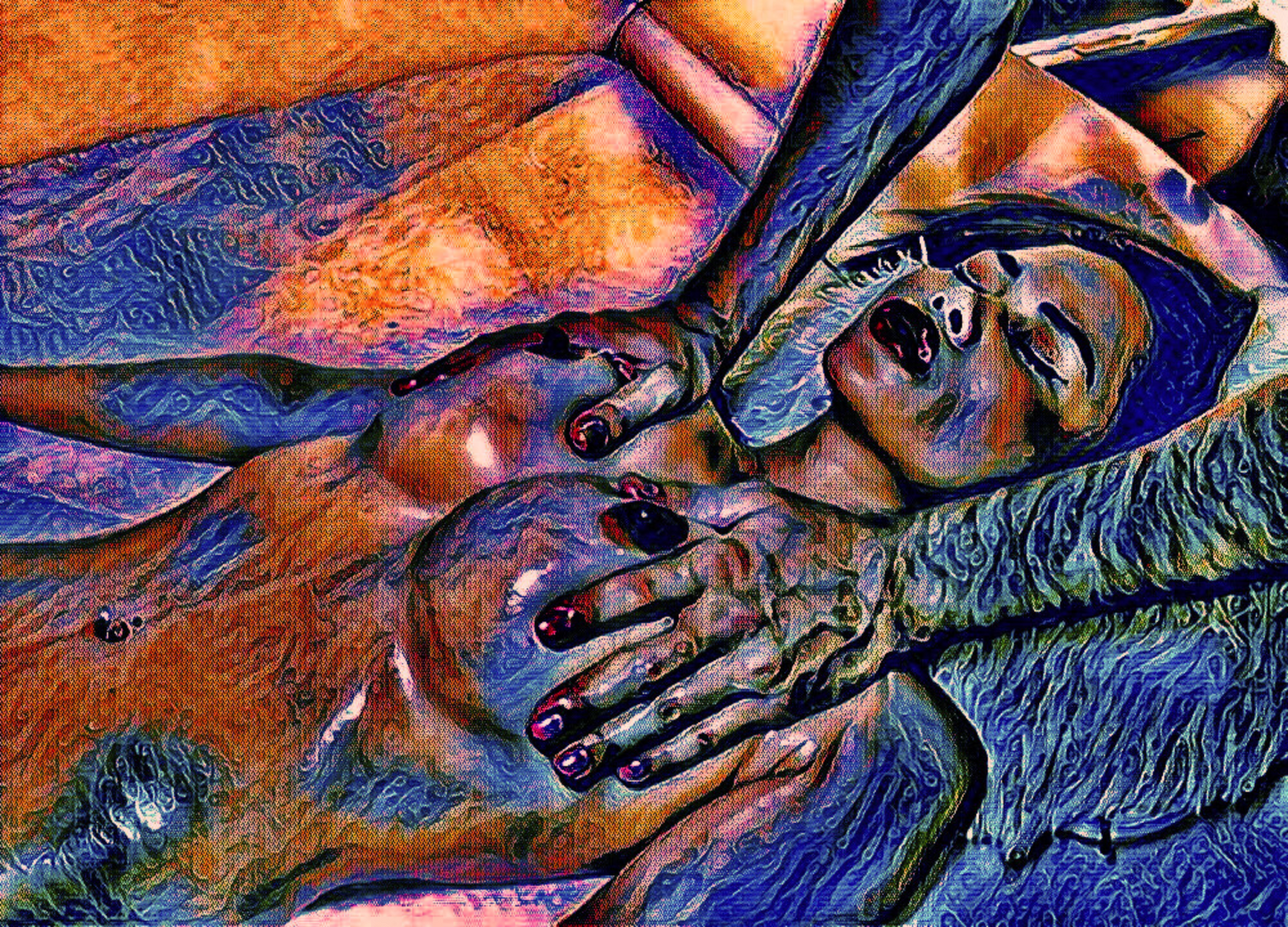 THE MASSAGE - An Original Vibrant Blue Colorful Erotic Nude Woman Getting a Massage Impressionistic Artwork Print - Erotic Art by ElaniArt