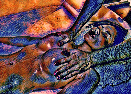 THE MASSAGE - An Original Vibrant Blue Colorful Erotic Nude Woman Getting a Massage Impressionistic Artwork Print - Erotic Art by ElaniArt