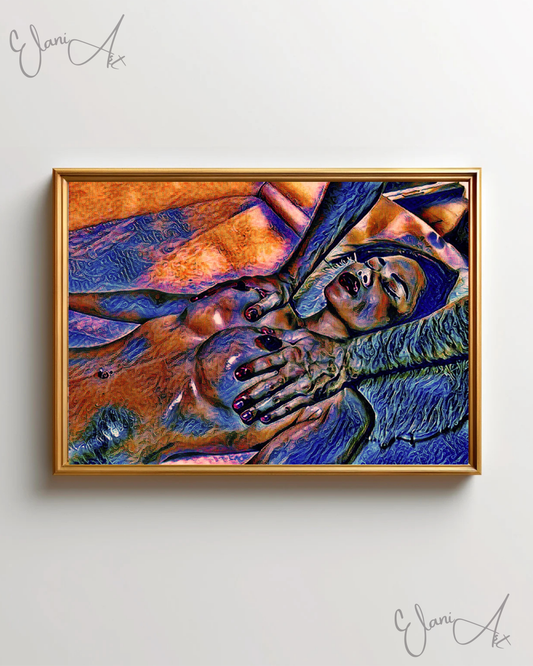 THE MASSAGE - An Original Vibrant Blue Colorful Erotic Nude Woman Getting a Massage Impressionistic Artwork Print - Erotic Art by ElaniArt