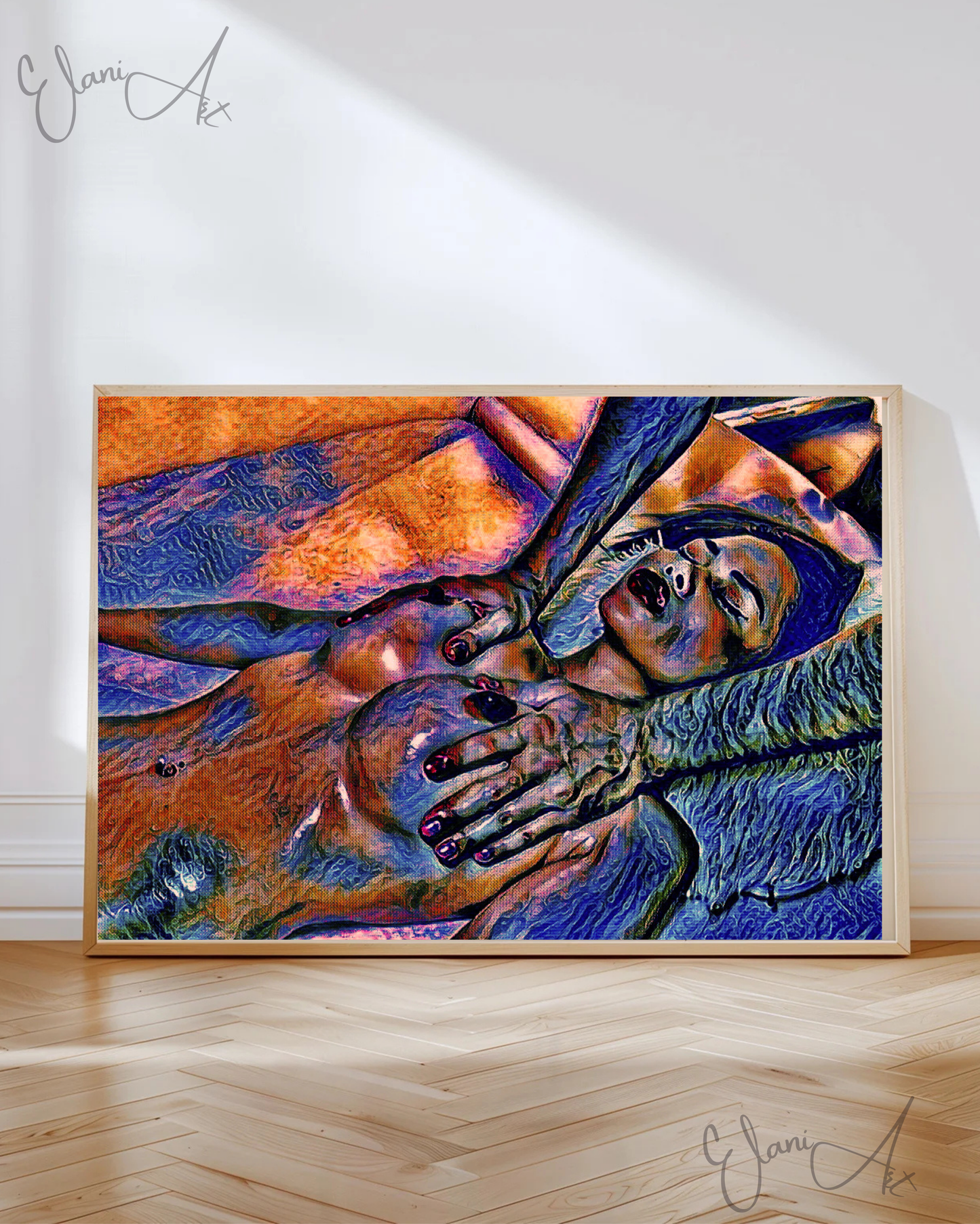THE MASSAGE - An Original Vibrant Blue Colorful Erotic Nude Woman Getting a Massage Impressionistic Artwork Print - Erotic Art by ElaniArt