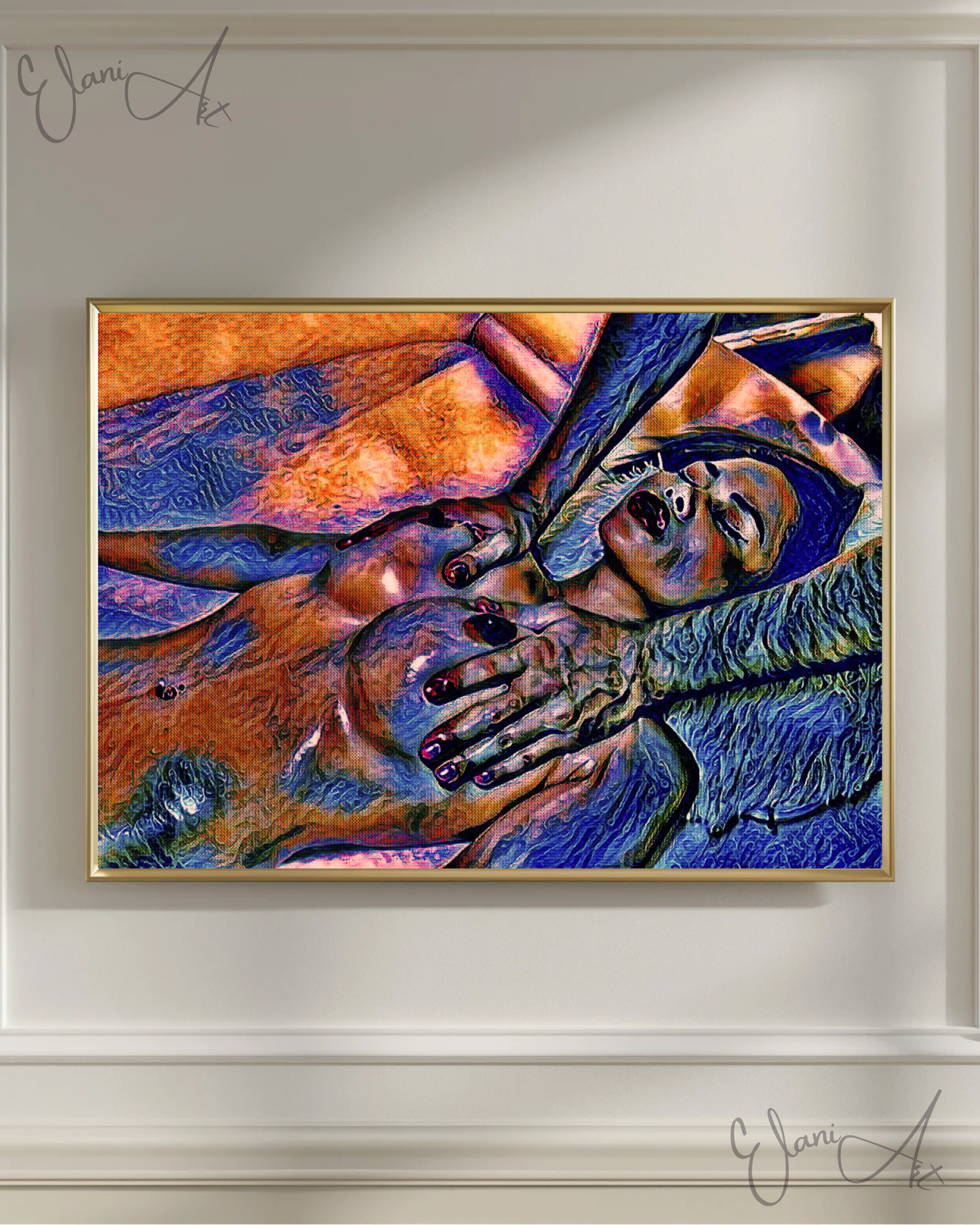 THE MASSAGE - An Original Vibrant Blue Colorful Erotic Nude Woman Getting a Massage Impressionistic Artwork Print - Erotic Art by ElaniArt