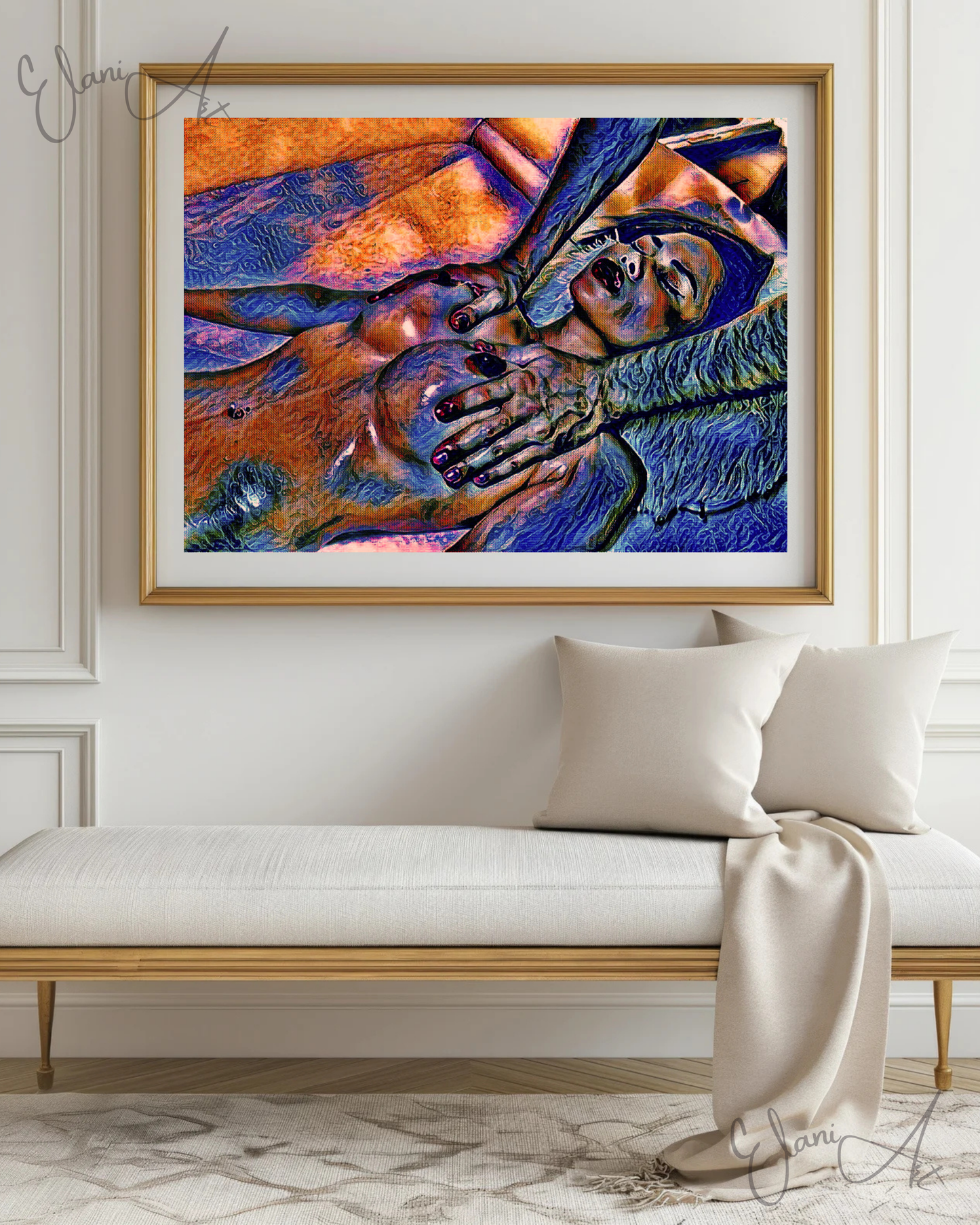 THE MASSAGE - An Original Vibrant Blue Colorful Erotic Nude Woman Getting a Massage Impressionistic Artwork Print - Erotic Art by ElaniArt