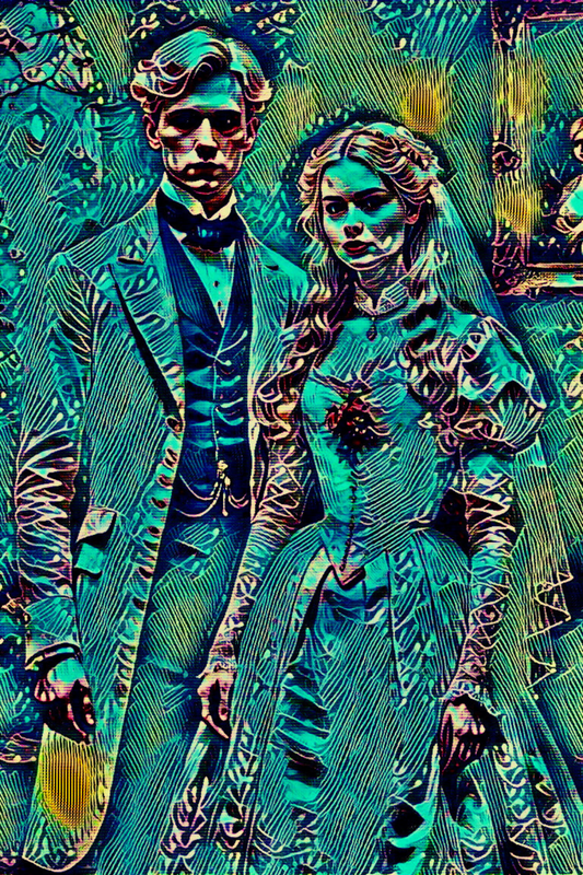 THE NEWLYWEDS - An Original Vibrant Man Woman Victorian Couple Newly Married Wedding Dress Veil Impressionistic Artwork Print by ElaniArt