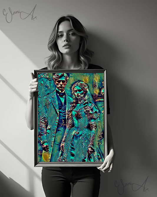 THE NEWLYWEDS - An Original Vibrant Man Woman Victorian Couple Newly Married Wedding Dress Veil Impressionistic Artwork Print by ElaniArt