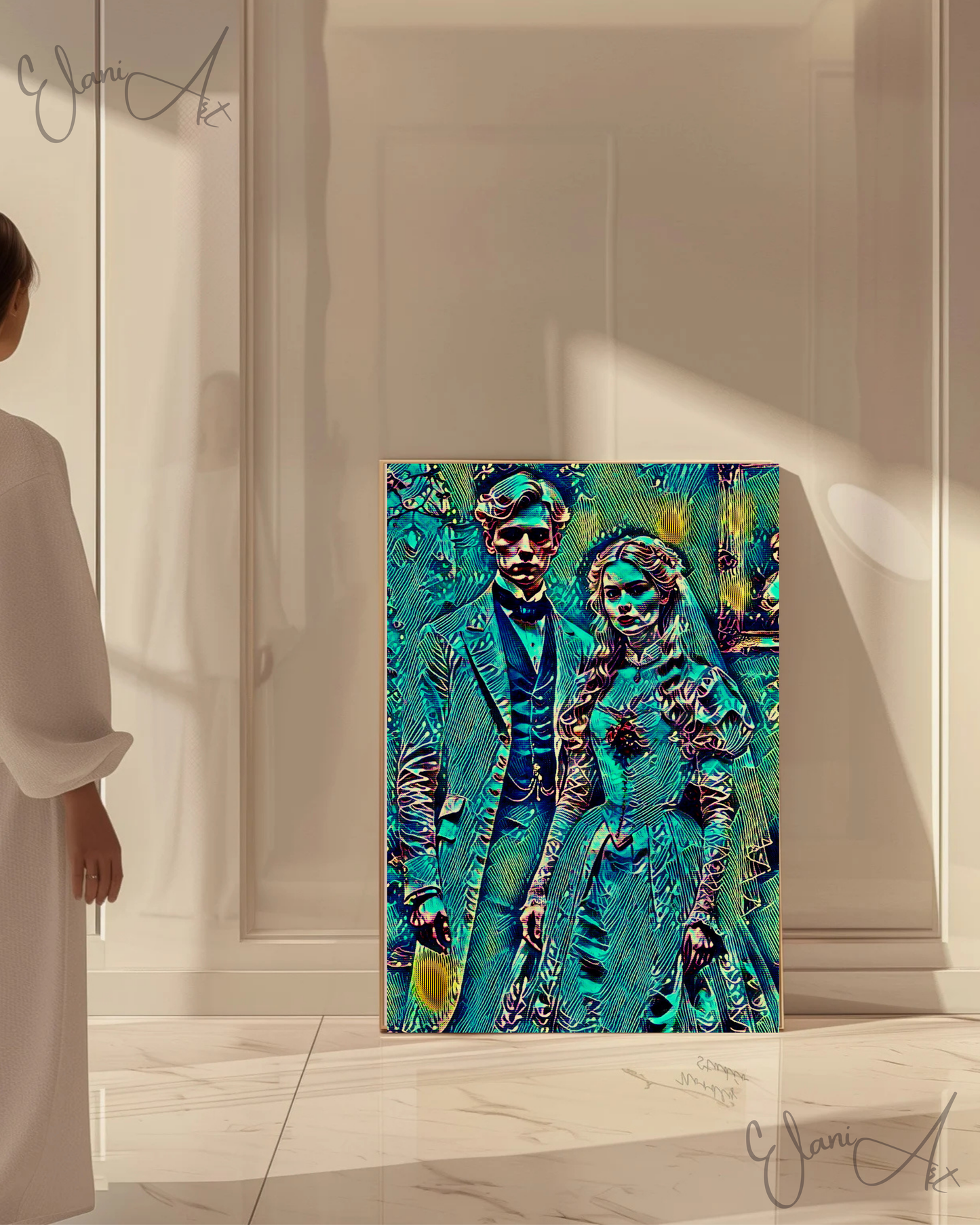 THE NEWLYWEDS - An Original Vibrant Man Woman Victorian Couple Newly Married Wedding Dress Veil Impressionistic Artwork Print by ElaniArt