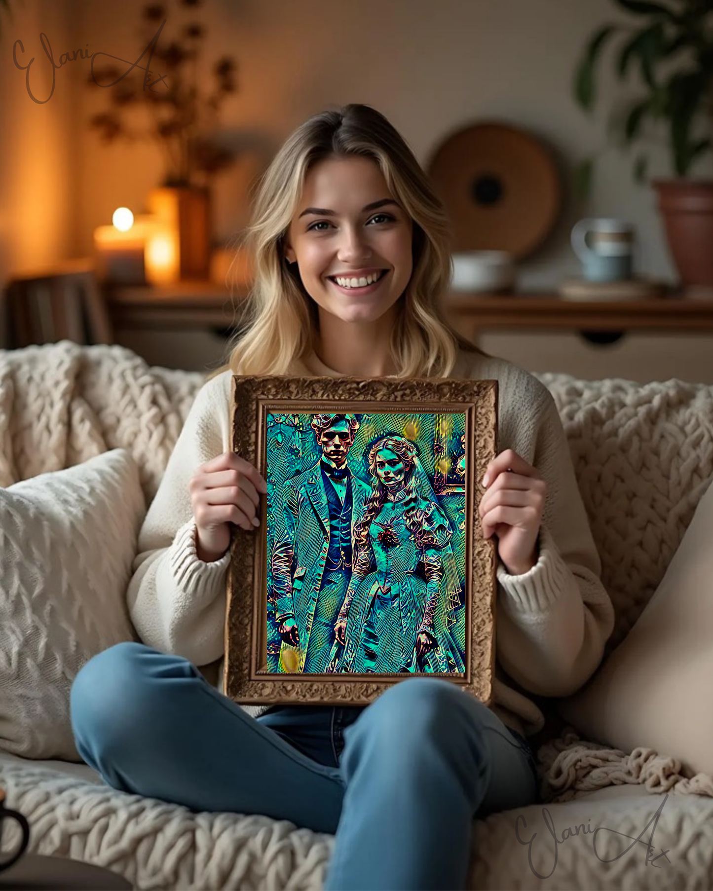 THE NEWLYWEDS - An Original Vibrant Man Woman Victorian Couple Newly Married Wedding Dress Veil Impressionistic Artwork Print by ElaniArt