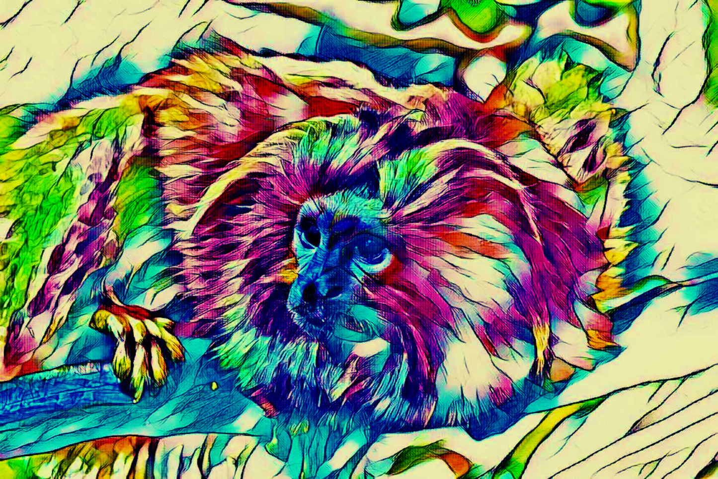 THE PRIMATE - An Original Vibrant Blue Pink Colorful Monkey on a Branch Animal WildLife Portrait Impressionistic Artwork Print by ElaniArt