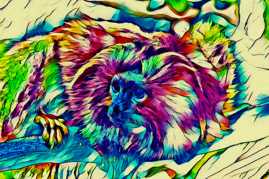 THE PRIMATE - An Original Vibrant Blue Pink Colorful Monkey on a Branch Animal WildLife Portrait Impressionistic Artwork Print by ElaniArt