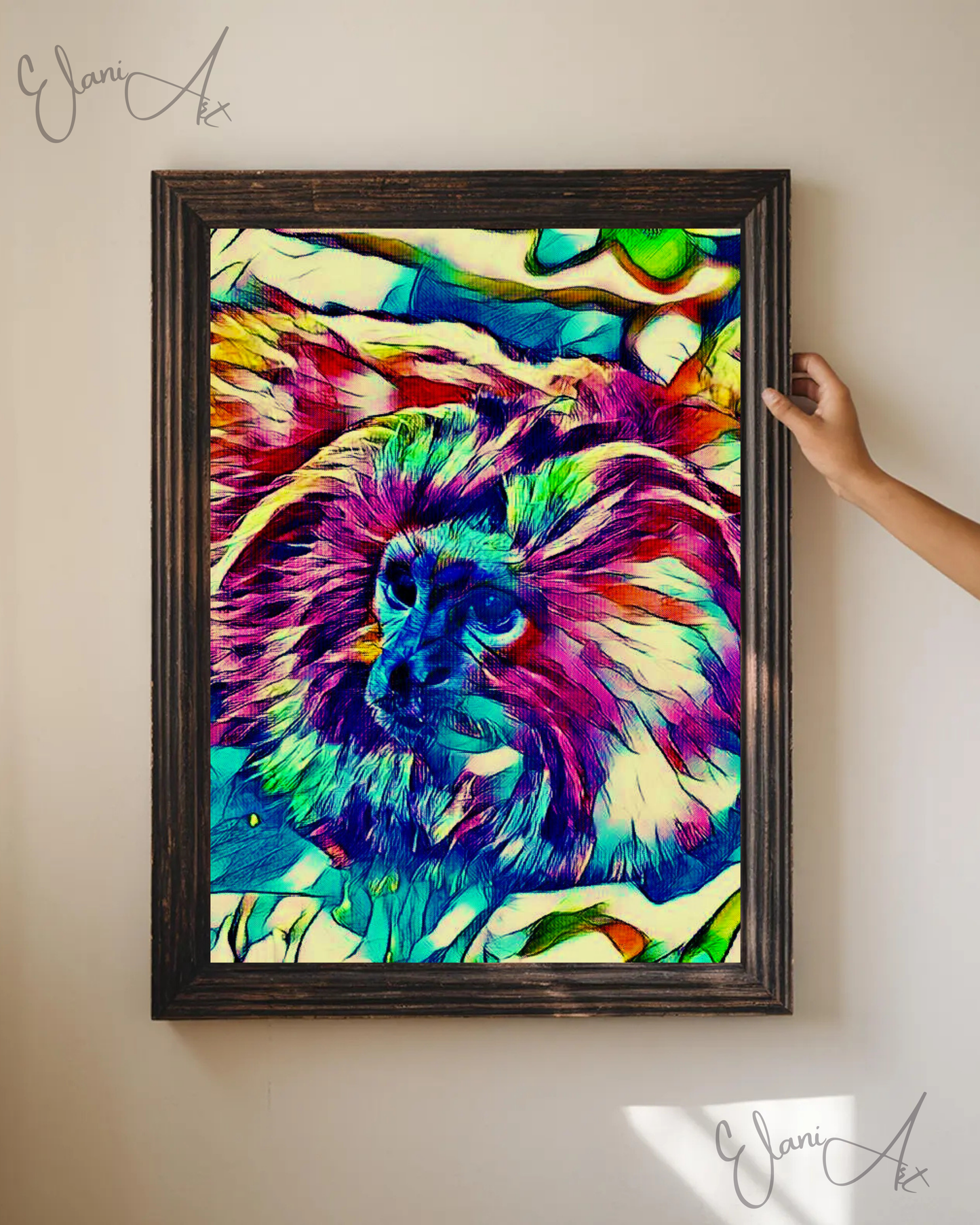 THE PRIMATE - An Original Vibrant Blue Pink Colorful Monkey on a Branch Animal WildLife Portrait Impressionistic Artwork Print by ElaniArt