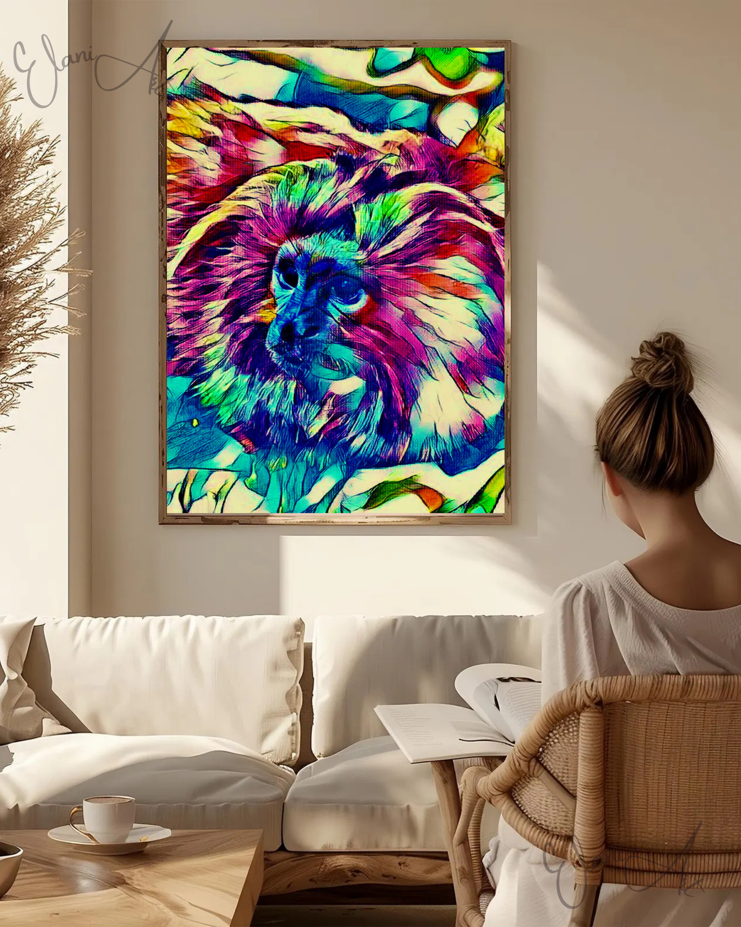 THE PRIMATE - An Original Vibrant Blue Pink Colorful Monkey on a Branch Animal WildLife Portrait Impressionistic Artwork Print by ElaniArt
