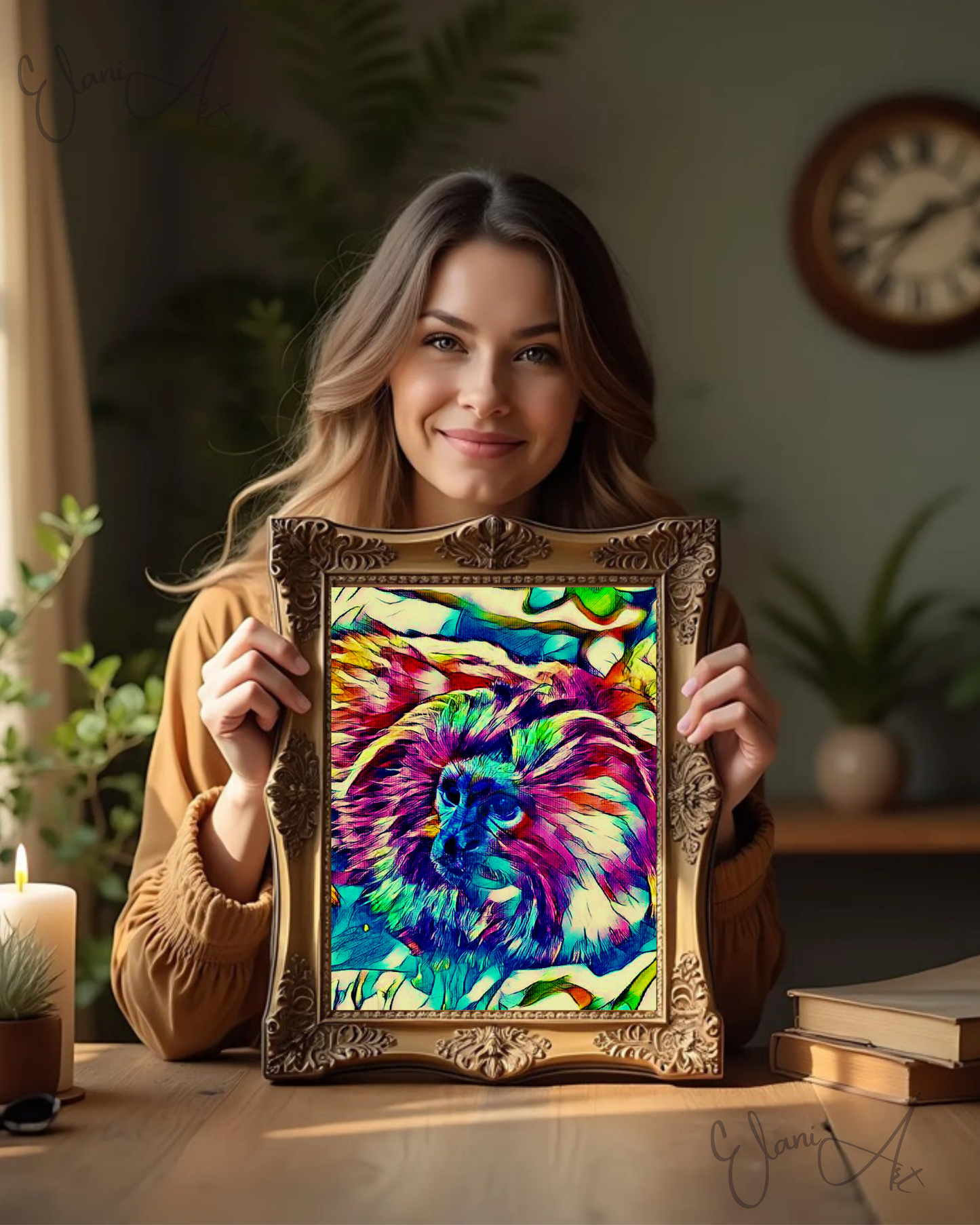 THE PRIMATE - An Original Vibrant Blue Pink Colorful Monkey on a Branch Animal WildLife Portrait Impressionistic Artwork Print by ElaniArt