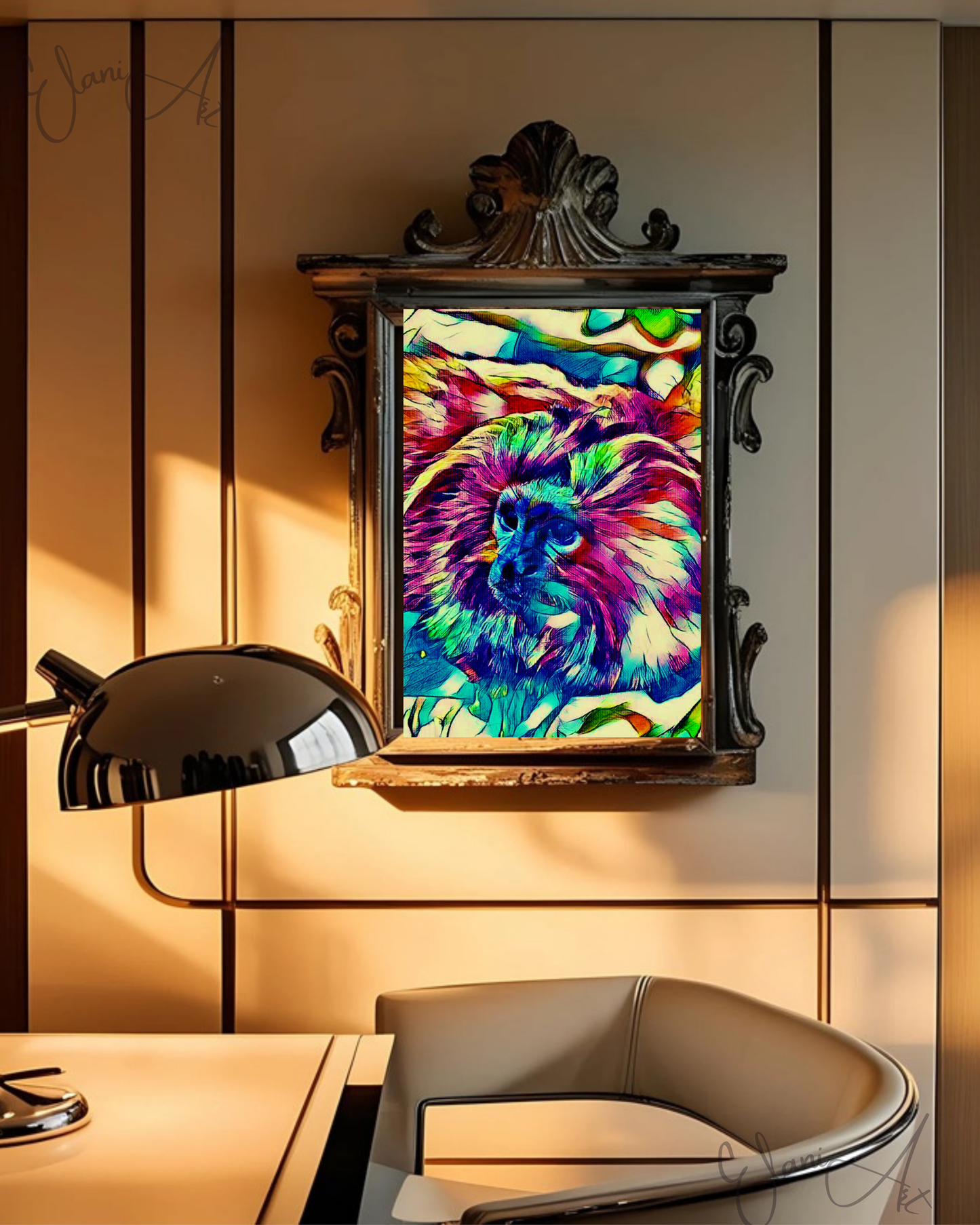 THE PRIMATE - An Original Vibrant Blue Pink Colorful Monkey on a Branch Animal WildLife Portrait Impressionistic Artwork Print by ElaniArt