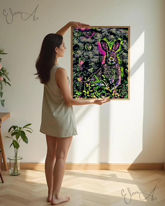 THE RABBIT - An Original Vibrant Pink Green Colorful CottonTail Rabbit Animal WildLife Portrait Impressionistic Artwork Print by ElaniArt