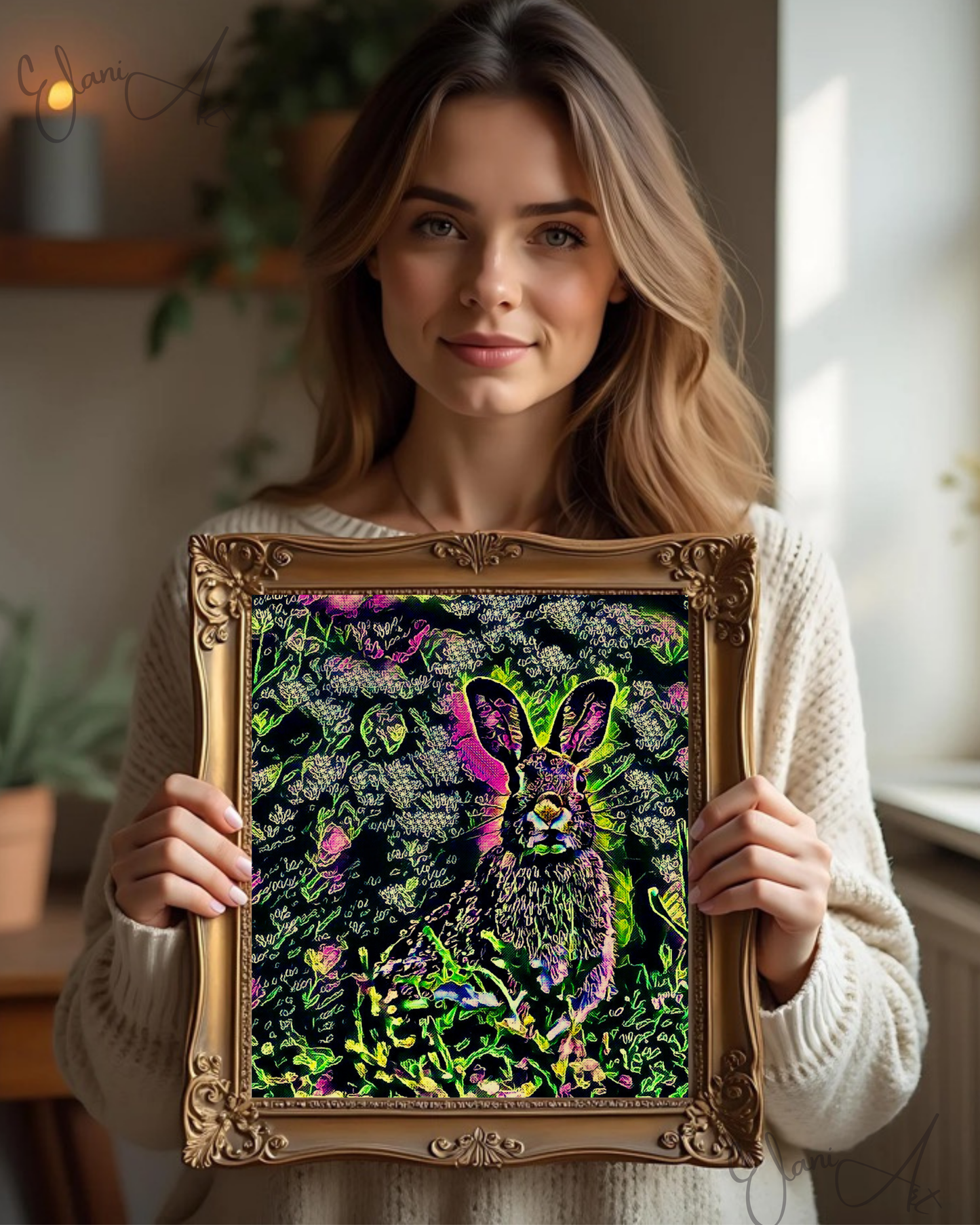 THE RABBIT - An Original Vibrant Pink Green Colorful CottonTail Rabbit Animal WildLife Portrait Impressionistic Artwork Print by ElaniArt