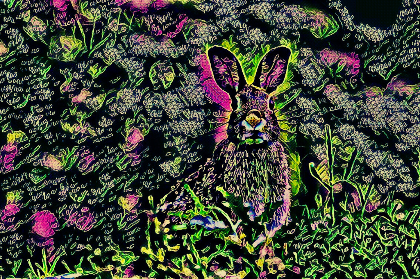 THE RABBIT - An Original Vibrant Pink Green Colorful CottonTail Rabbit Animal WildLife Portrait Impressionistic Artwork Print by ElaniArt
